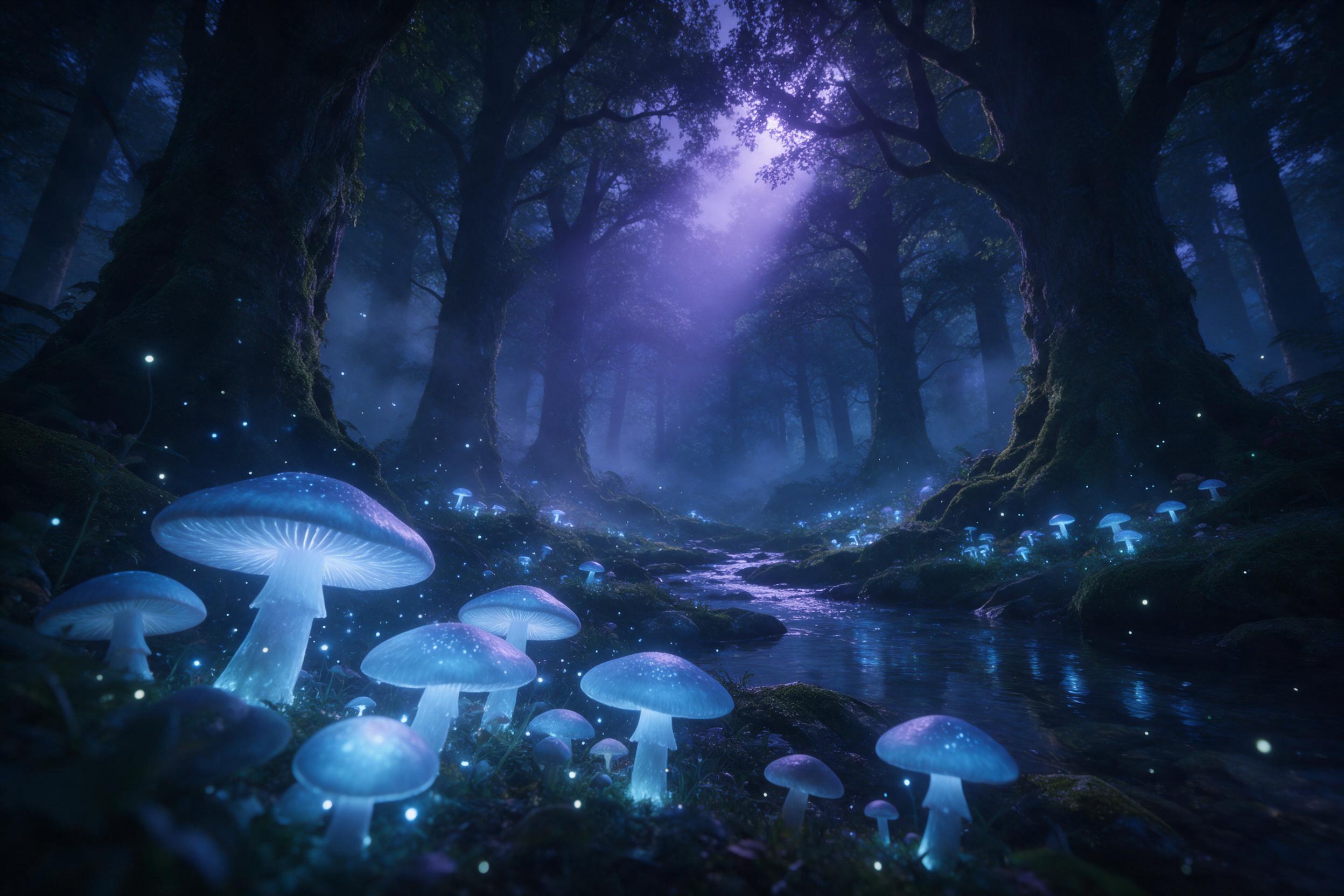 An ethereal forest glade at twilight, massive glowing mushrooms with bioluminescent blue caps, their spores drifting like fireflies in the cool air, a faint mist weaving between ancient moss-covered trees, soft purple moonlight piercing a canopy opening, a crystal-clear stream reflecting the otherwo