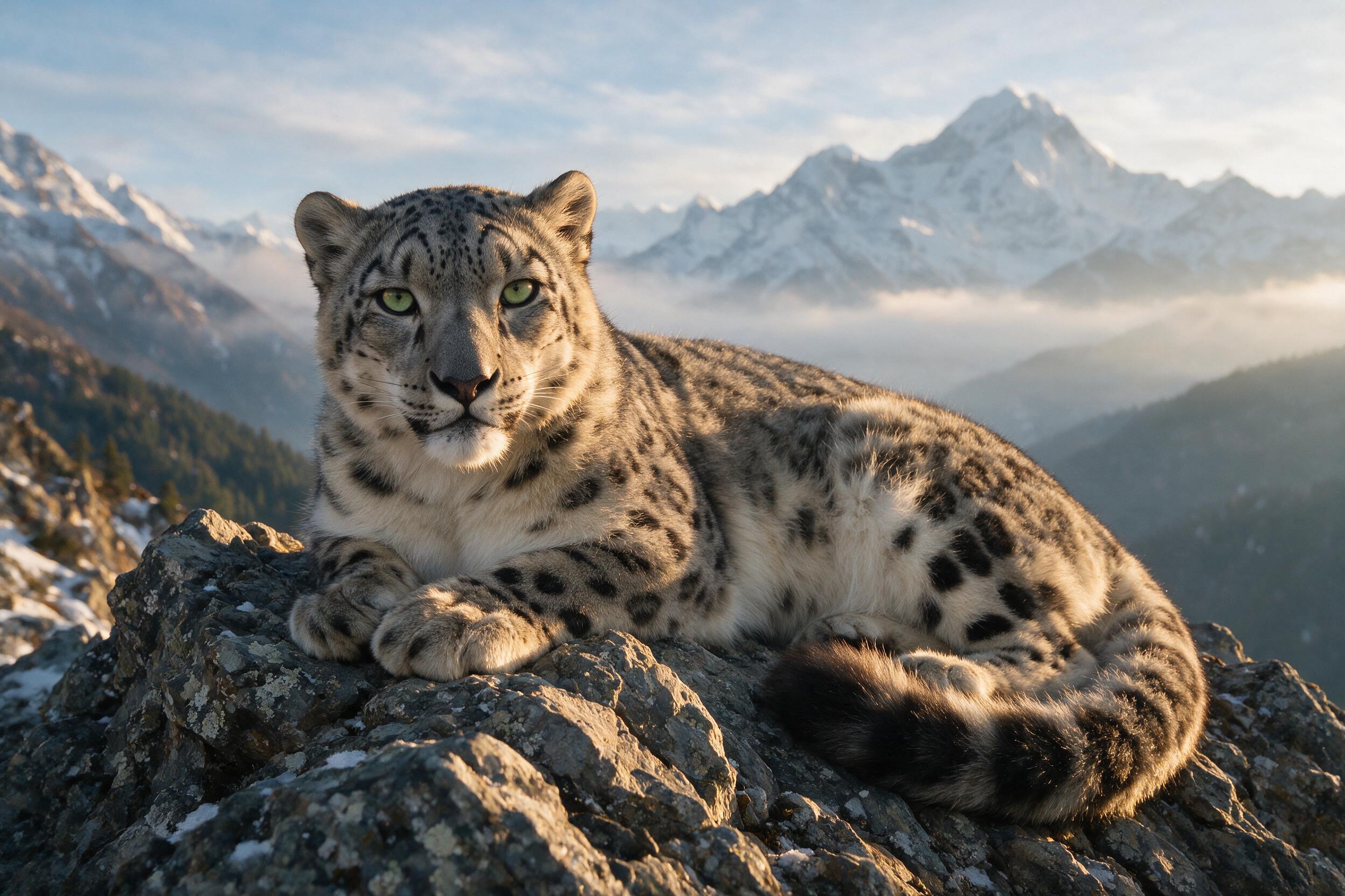A close-up of a majestic snow leopard resting on a rocky outcrop in the Himalayas. Soft, golden hour light from the side casts long shadows, highlighting the texture of its fur and the jagged rocks. The background is a vast, misty valley with a hint of blue sky. The composition is a tight portrait, 