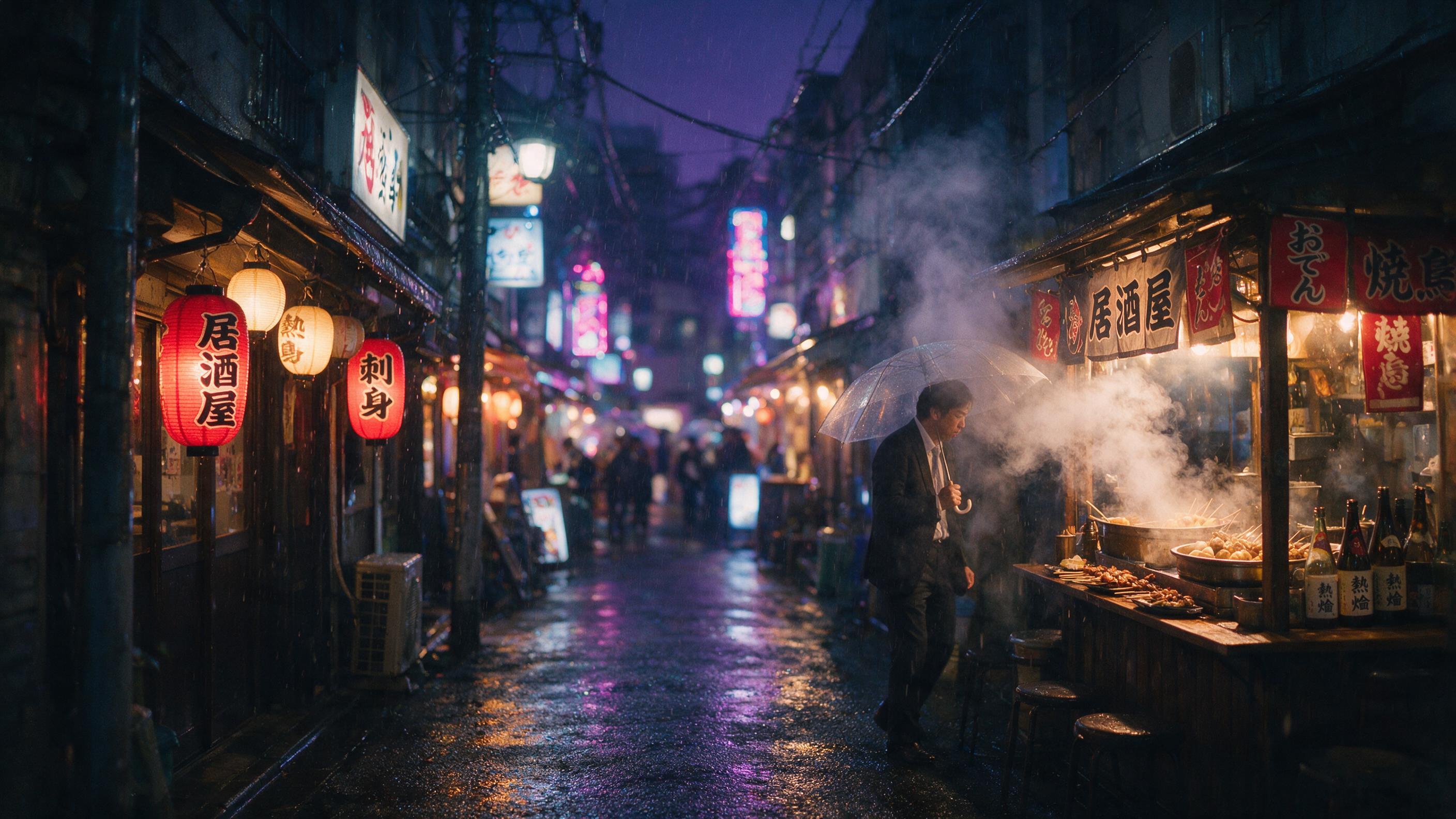 A rainy evening on a narrow Tokyo alley, glowing izakaya lanterns reflecting on wet asphalt, a lone salaryman with transparent umbrella walking past steam from a food stall, blurred neon signs in background, shallow depth of field, natural cool tones with warm light accents, slight grain and subtle 