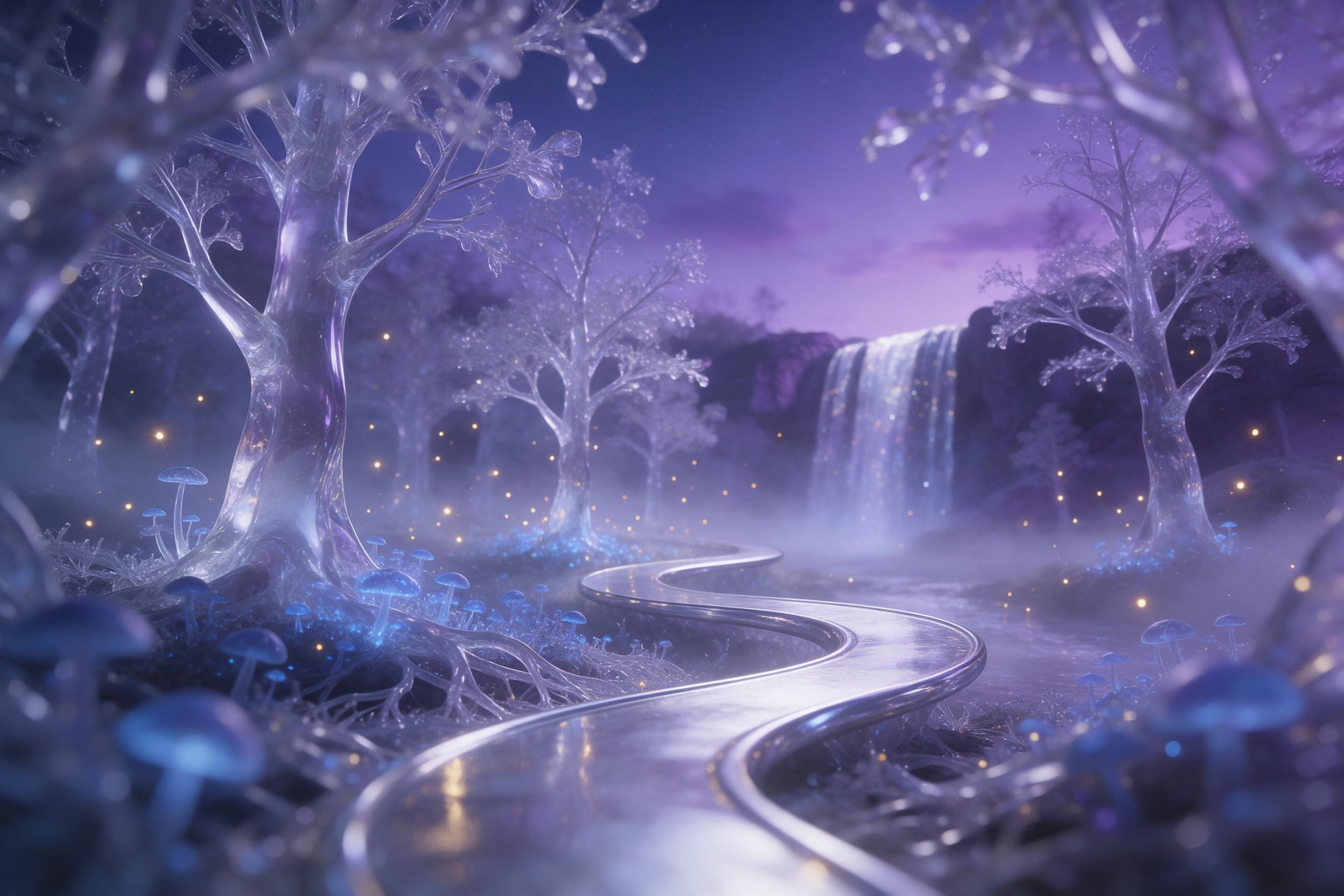 A luminous crystal forest under a violet twilight sky, trees of translucent glass with glowing blue fungi at their roots, a winding silver path leads to a distant luminous waterfall, soft mist, warm golden light from fireflies, shallow depth of field, serene atmosphere