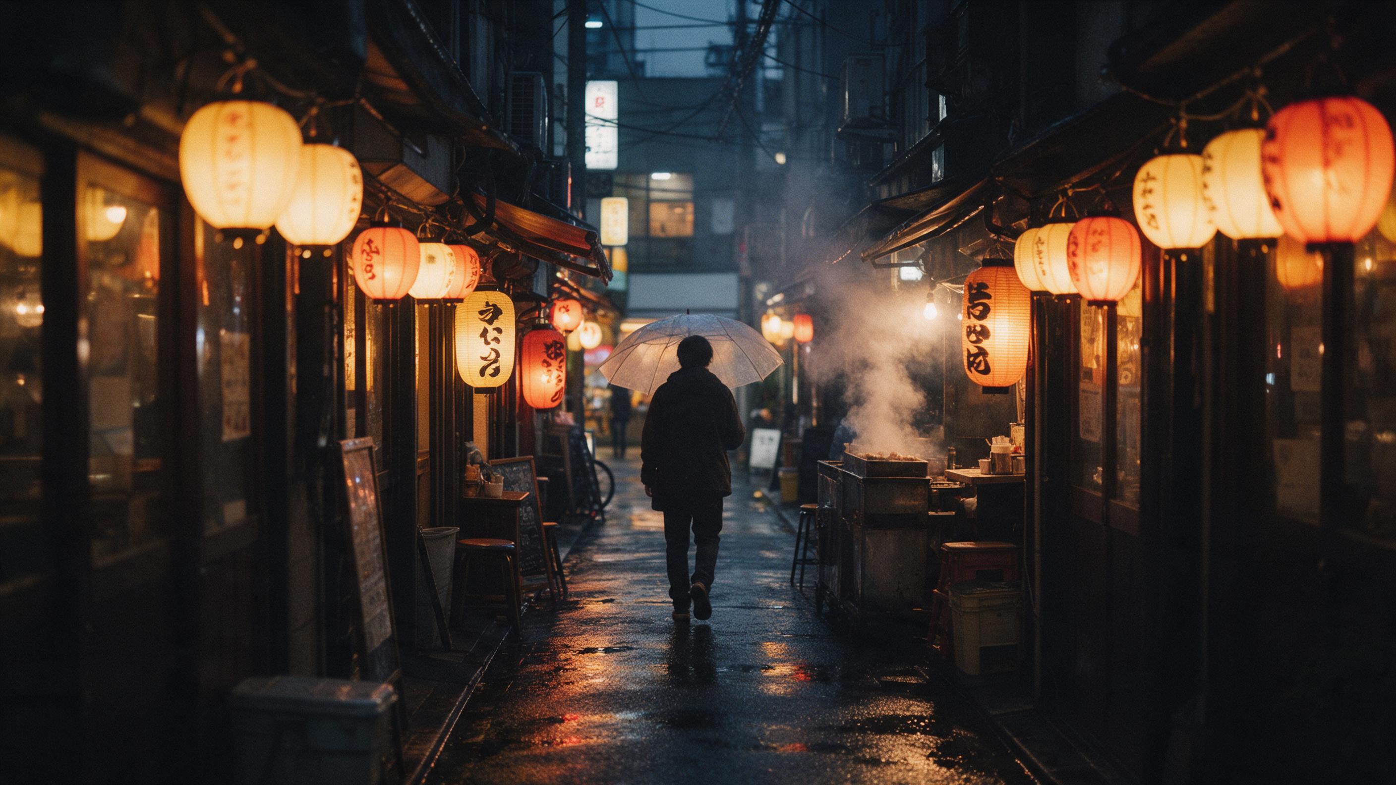 A quiet rainy evening on a narrow Tokyo street, glowing izakaya lanterns reflecting on wet asphalt, a lone figure with a translucent umbrella walking away, steam rising from a food stall, cinematic composition with shallow depth of field, warm amber light against cool blue twilight, slight film grai