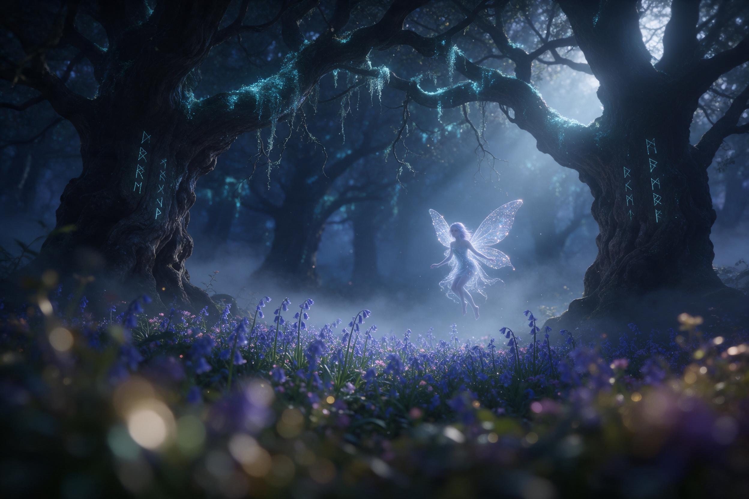 A misty enchanted forest glade at twilight, ancient gnarled trees draped with glowing bioluminescent moss, a small translucent fairy with shimmering wings hovering over a carpet of bluebells, soft diffuse light filtering through canopy, subtle fog rolling, shallow depth of field with foreground boke