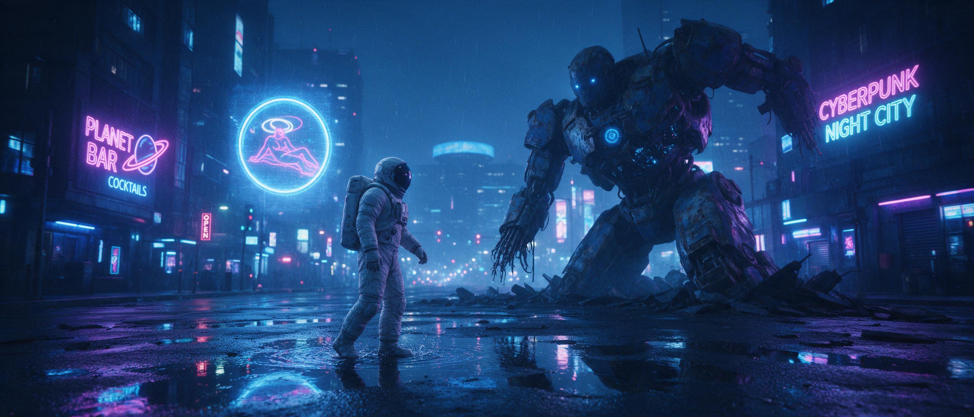 A lone astronaut stands on a rain-slicked neon-lit street, reflective puddles mirroring holographic advertisements, colossal derelict mecha half-buried in the asphalt, cold blue and magenta glow, cinematic wide shot, subtle film grain, shallow depth of field