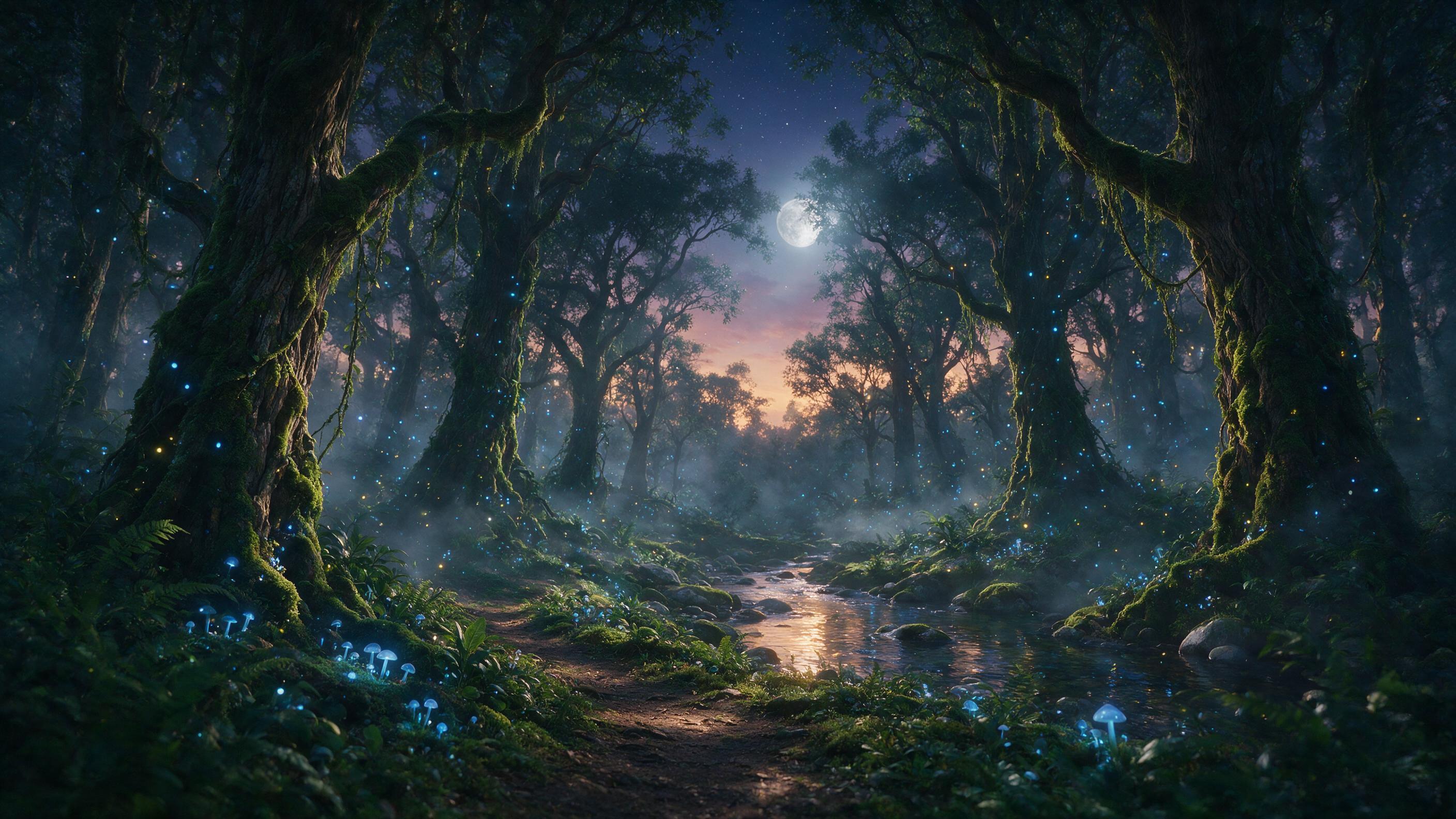 An ethereal forest at twilight, bioluminescent mushrooms and glowing blue fireflies floating among ancient moss-covered trees, soft mist weaving through the undergrowth, moonlight piercing through the canopy, cinematic composition, dreamy atmosphere, warm amber tones contrasting with cool blues, gen