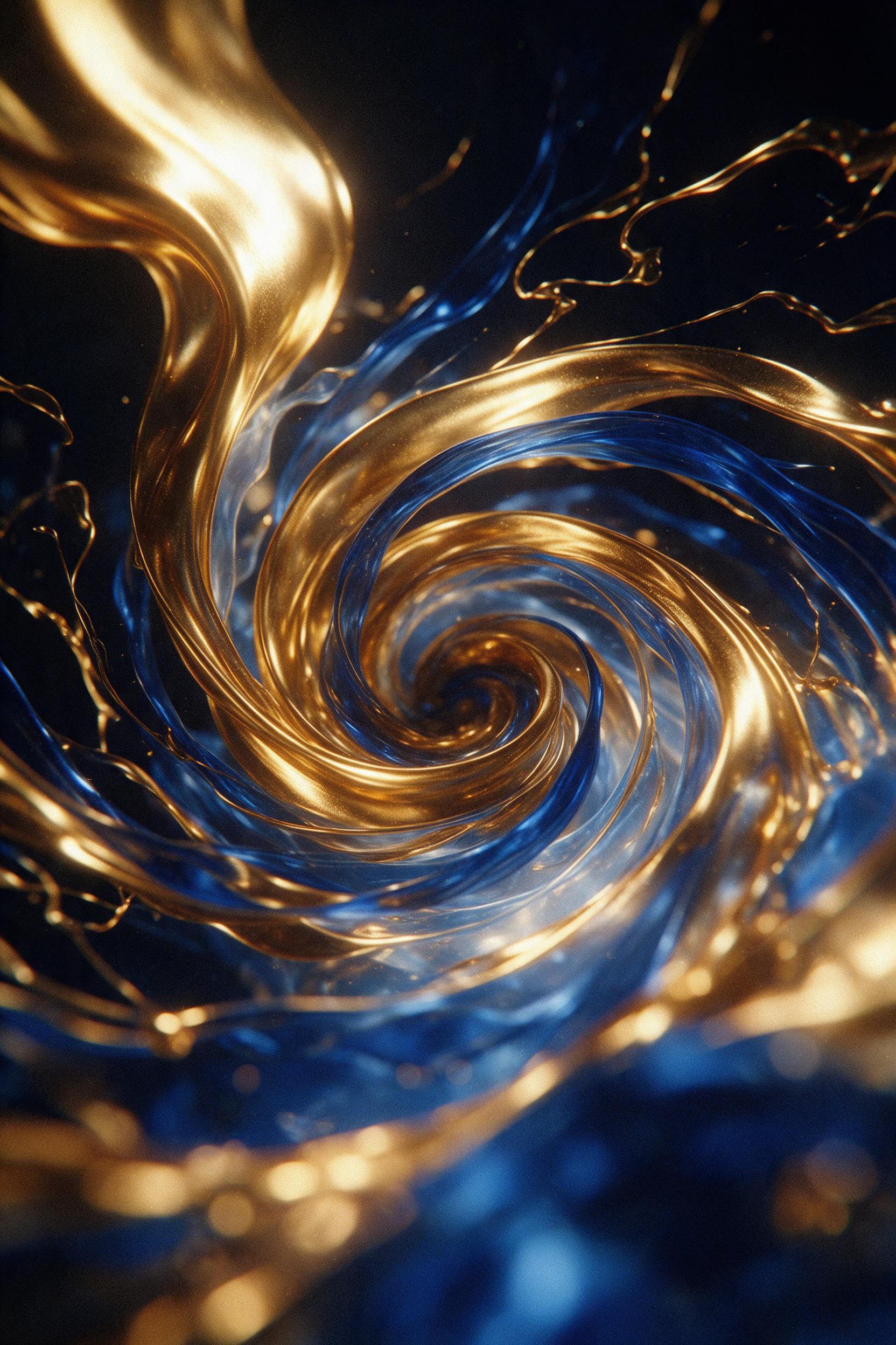 Liquid molten gold and deep sapphire blue swirling in a dark void, overlapping translucent ribbons with soft caustic light refractions, dramatic chiaroscuro lighting, fine film grain, abstract macro composition, smooth bokeh, sense of deep motion and tension