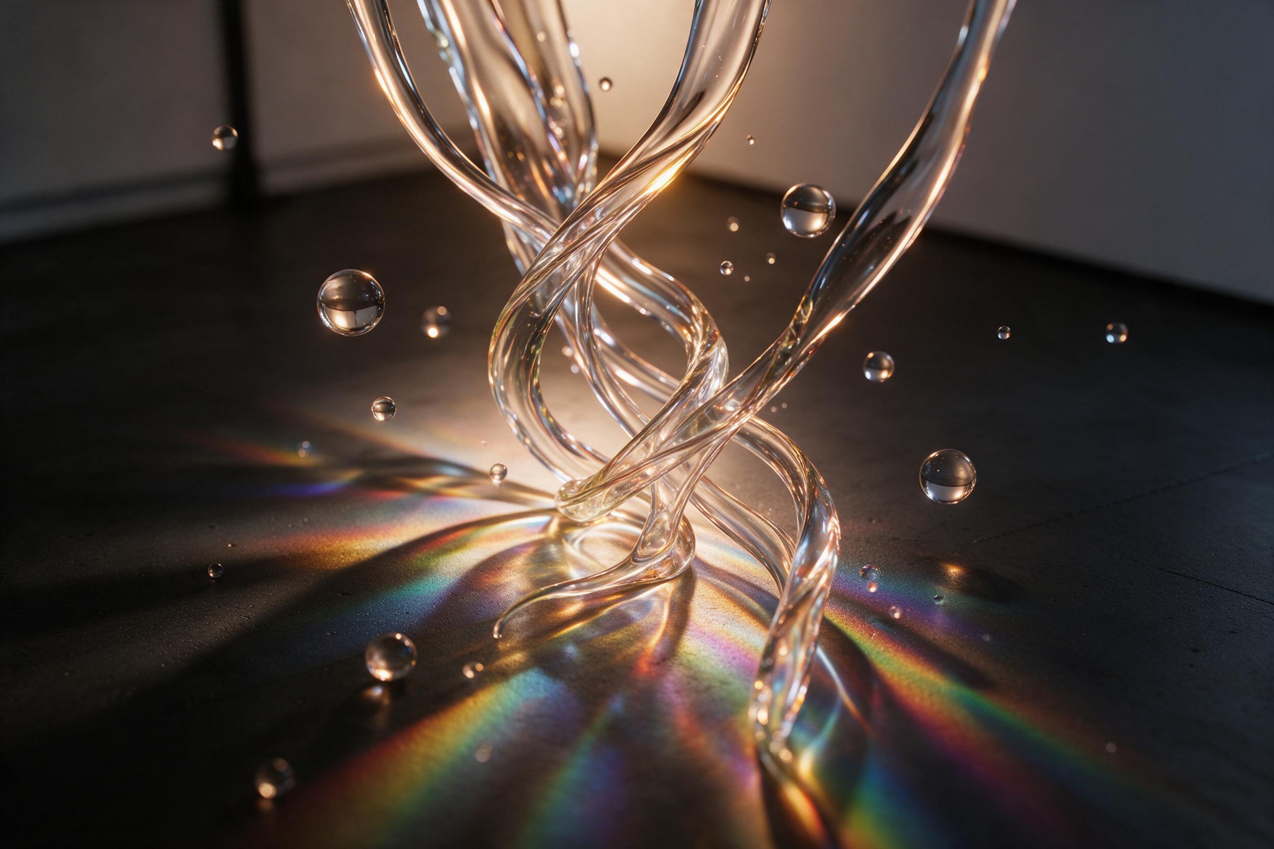 Liquid glass ribbons twist through golden light, refracting a spectrum on a matte black floor. Macro view, shallow depth of field, droplets suspended mid-air, soft studio lighting with warm highlights and cool shadows.