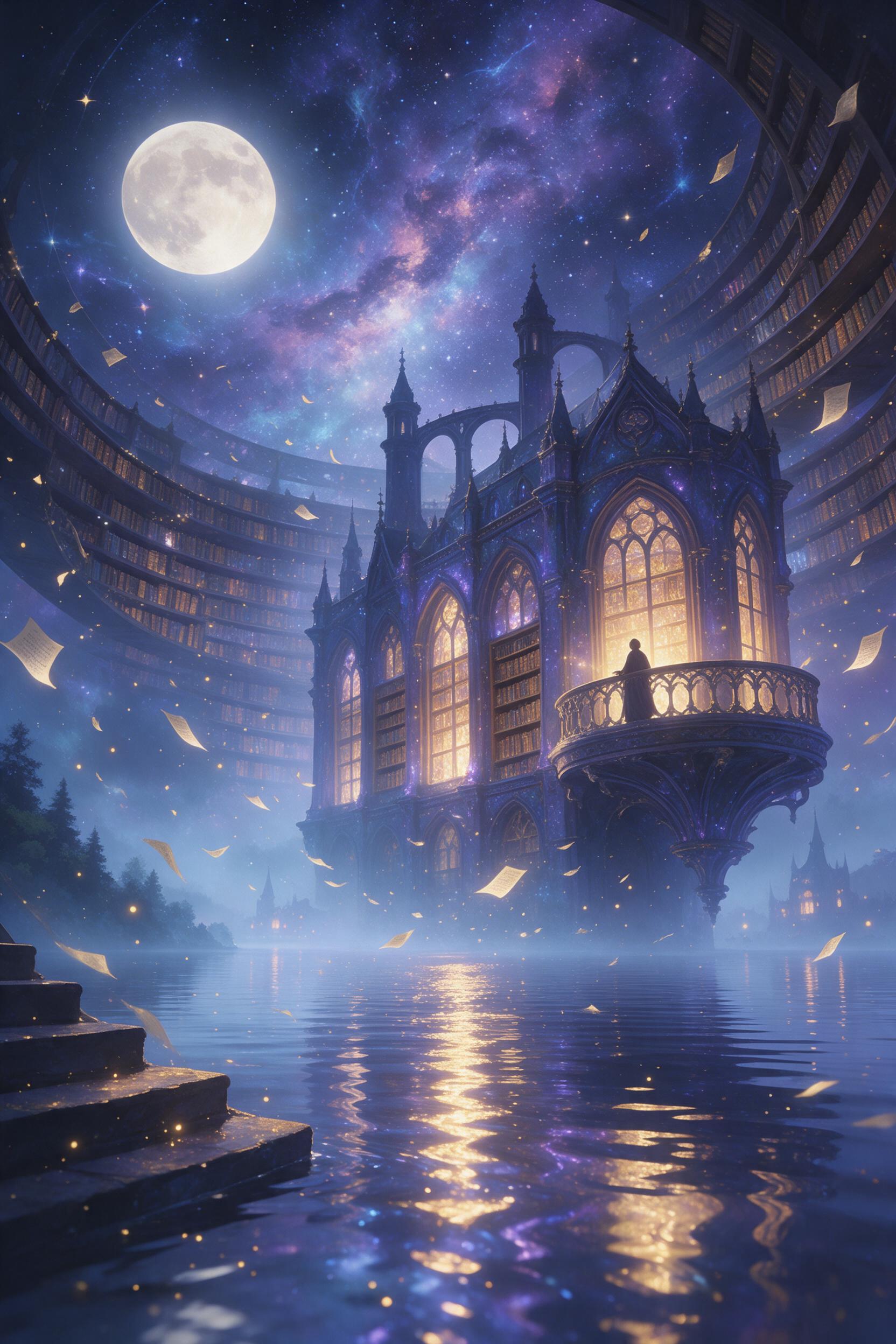 A moonlit celestial library floating on a glassy lake, bookshelves spiraling into a starry nebula, pages drifting as glowing fireflies, soft bioluminescent light, gentle reflections, silhouette of a lone reader on an ornate balcony, dreamy ethereal atmosphere