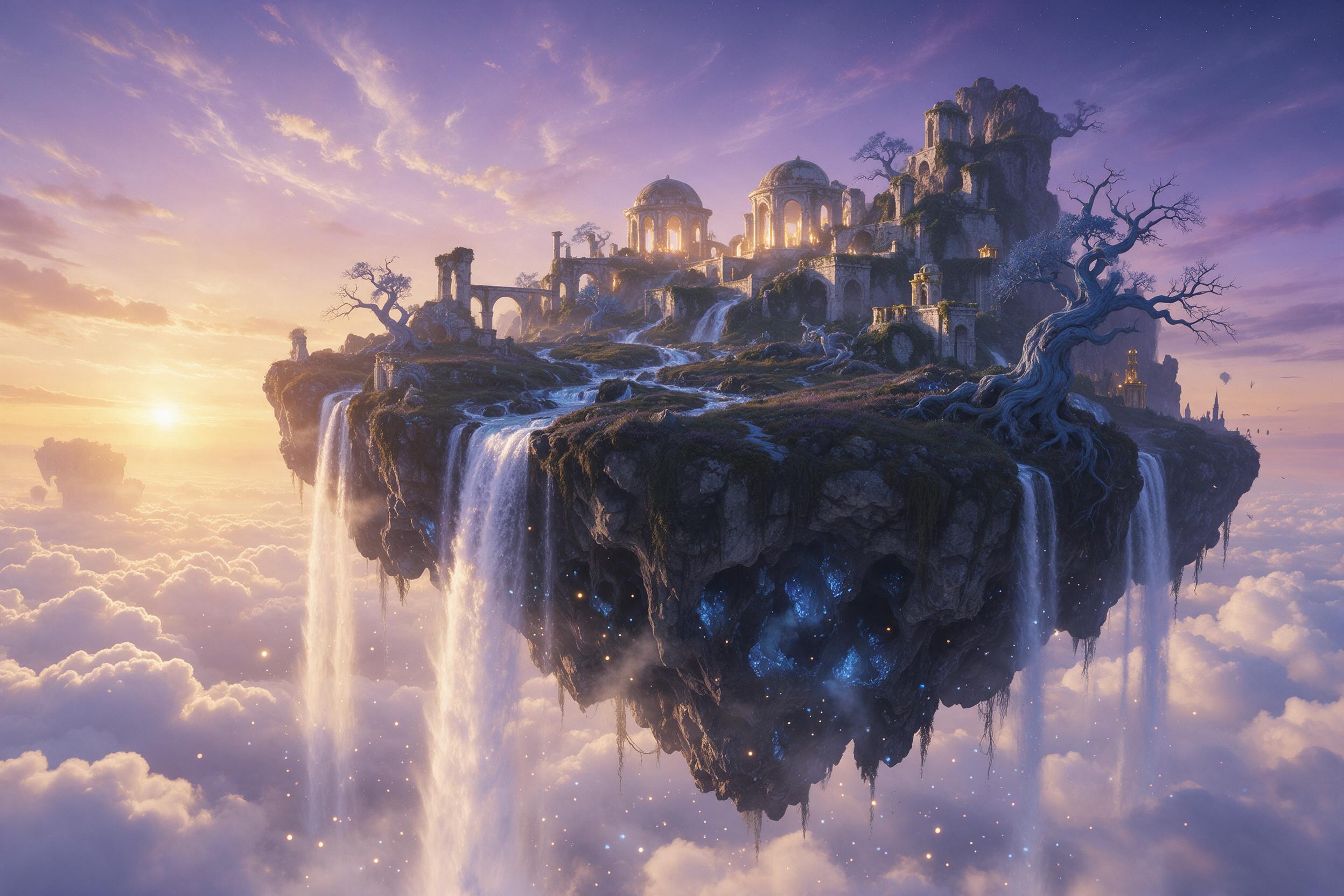 A floating island in the sky at dusk, waterfalls cascading off its edges into the clouds below. Ancient glowing ruins and twisted blue trees cover the terrain. Soft purple and amber light, with luminescent particles swirling in the air, viewed from a low angle.