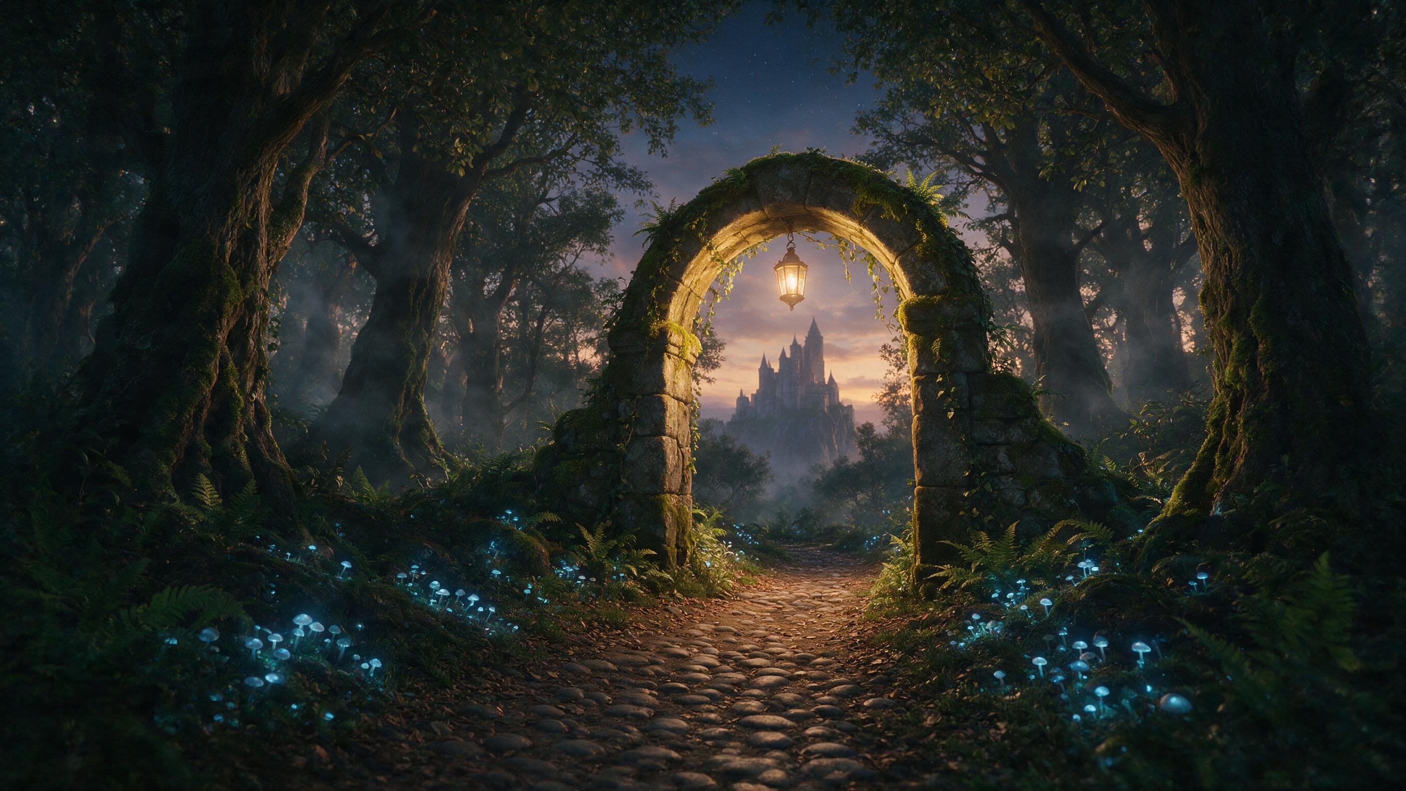 A moss-covered stone archway in an ancient forest, glowing blue mushrooms lining a winding path, soft mist curling through the trees, a distant silhouette of a towering castle on a cliff, twilight sky with faint stars, warm lantern light from the arch, cinematic composition, ethereal atmosphere