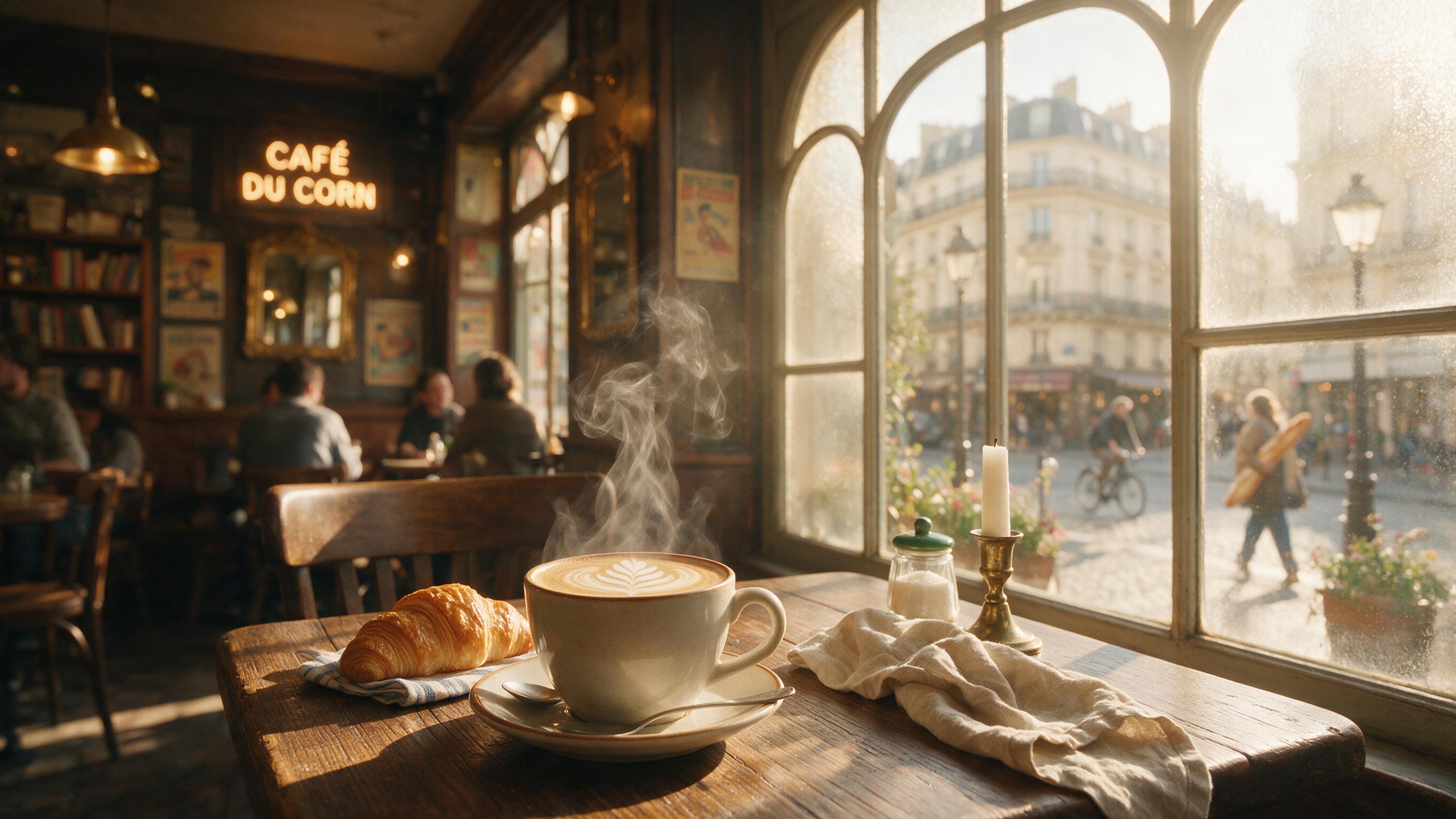 A cozy corner cafe in Paris, morning light filtering through frosted glass, a steaming latte with delicate foam art on a wooden table, soft bokeh in the background, slight grain, natural lighting, warm tones.