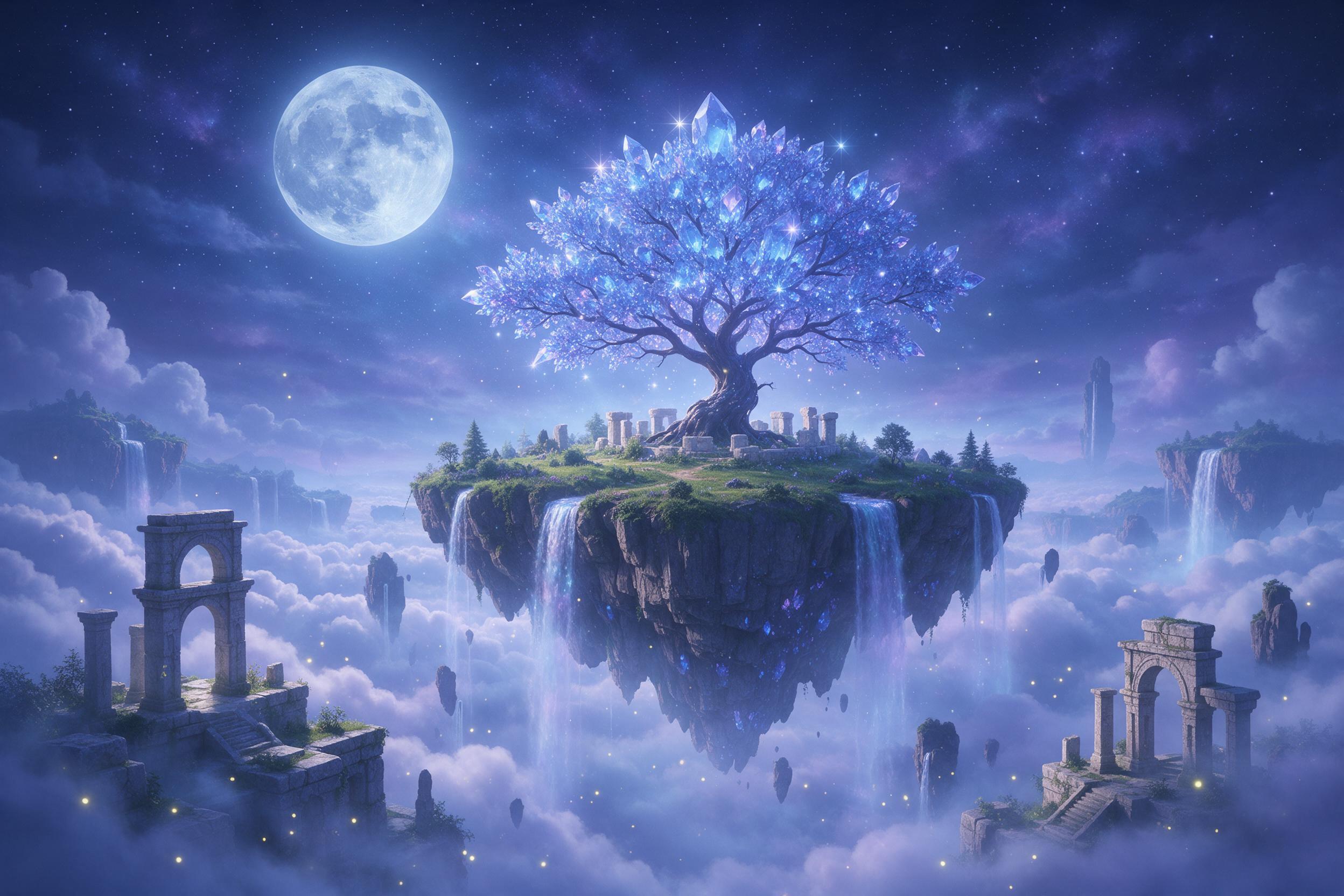 A moonlit floating island with a luminous crystal tree at its center, waterfalls cascading into clouds below, ethereal mist swirling around ancient stone ruins, soft blue and violet glow, delicate fireflies, wide-angle composition, dreamy atmosphere, cinematic lighting