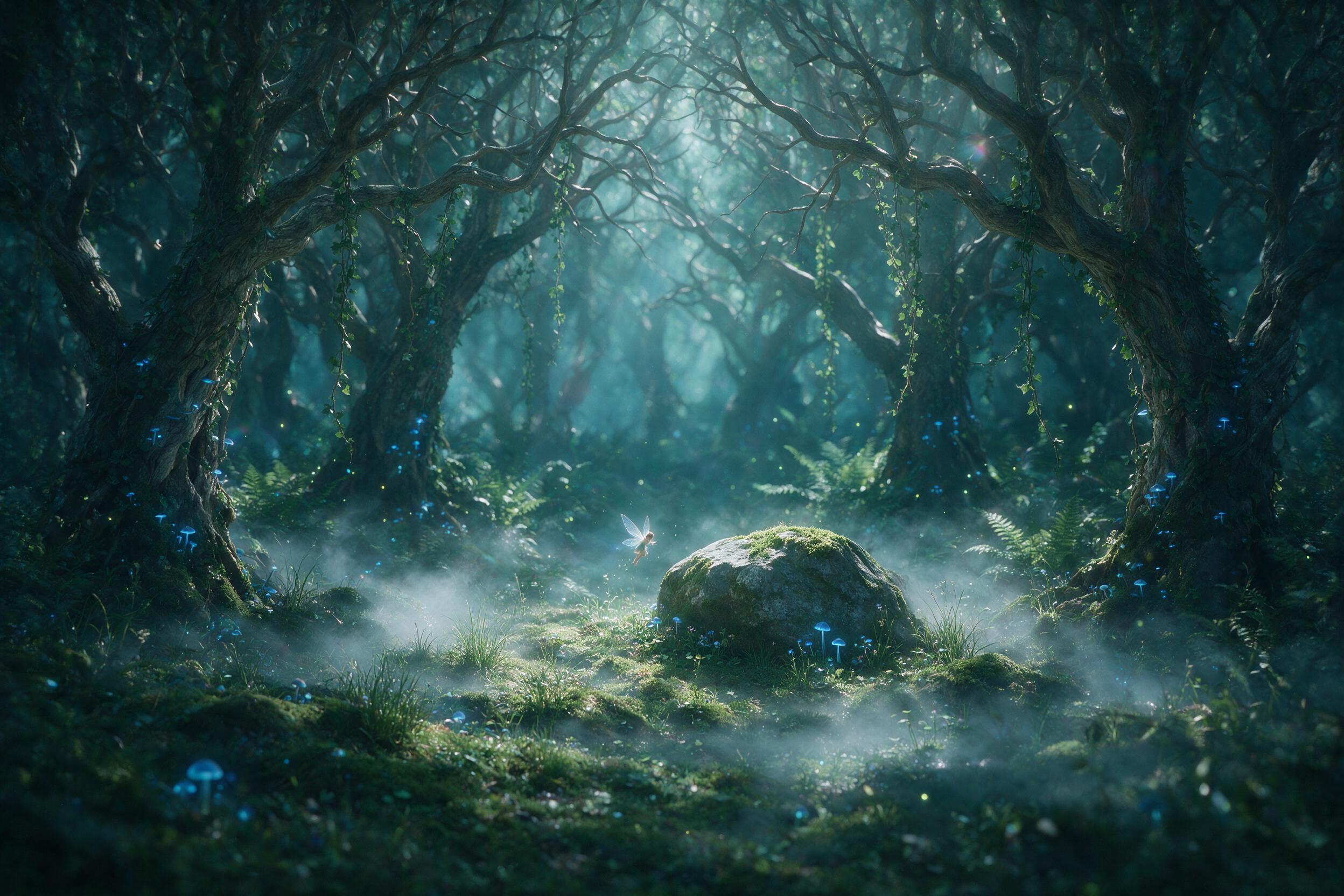 A moonlit enchanted forest clearing, ancient gnarled trees with glowing blue mushrooms, a shimmering silver mist swirls between ferns, a small fairy with translucent wings hovers near a mossy stone, soft cool moonlight filters through canopy, gentle lens flare, dreamy atmosphere, muted teal and viol