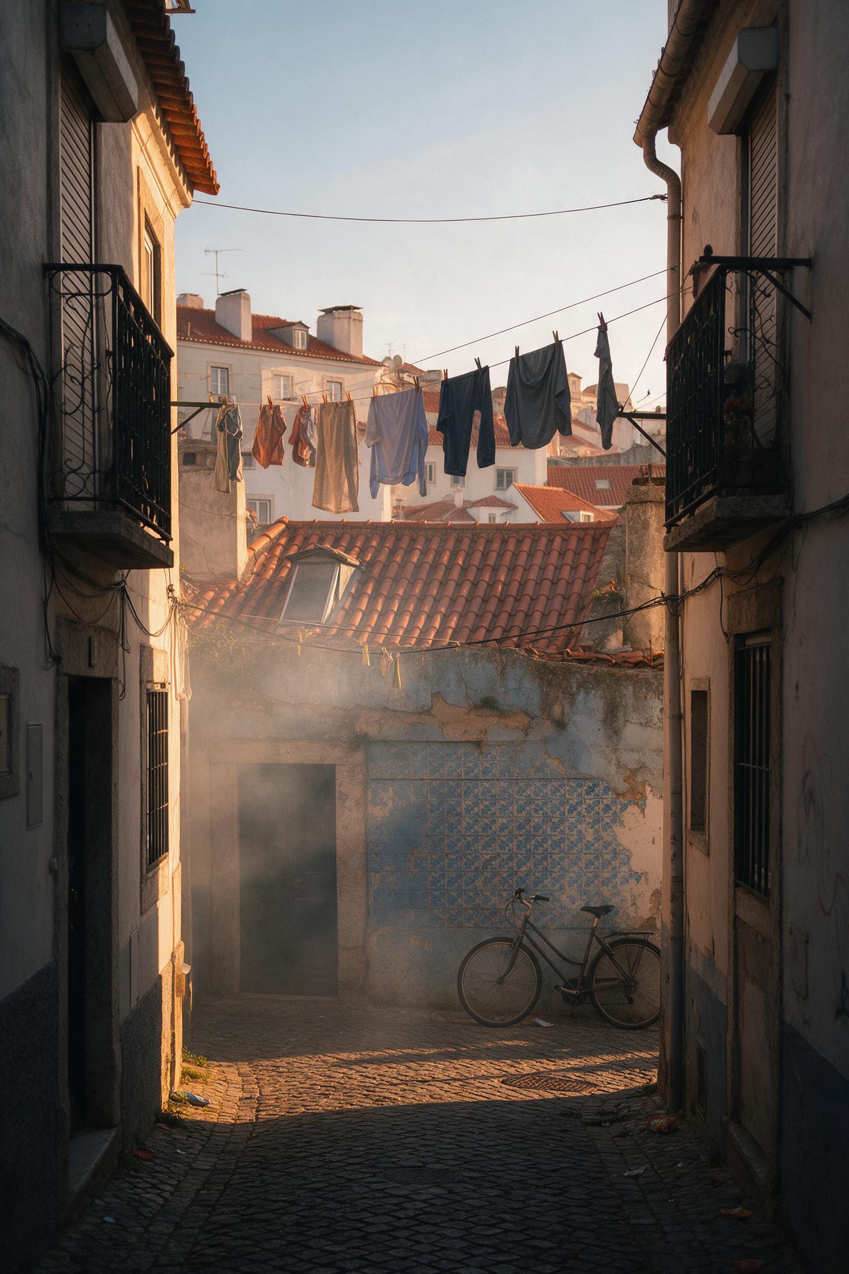 A narrow cobblestone alley in old Lisbon at dusk, terracotta rooftops catching warm golden light, laundry lines overhead, a lone bicycle leaning against faded blue-tiled wall, soft haze, gentle shadows stretching, candid street photography feel with slight grain.