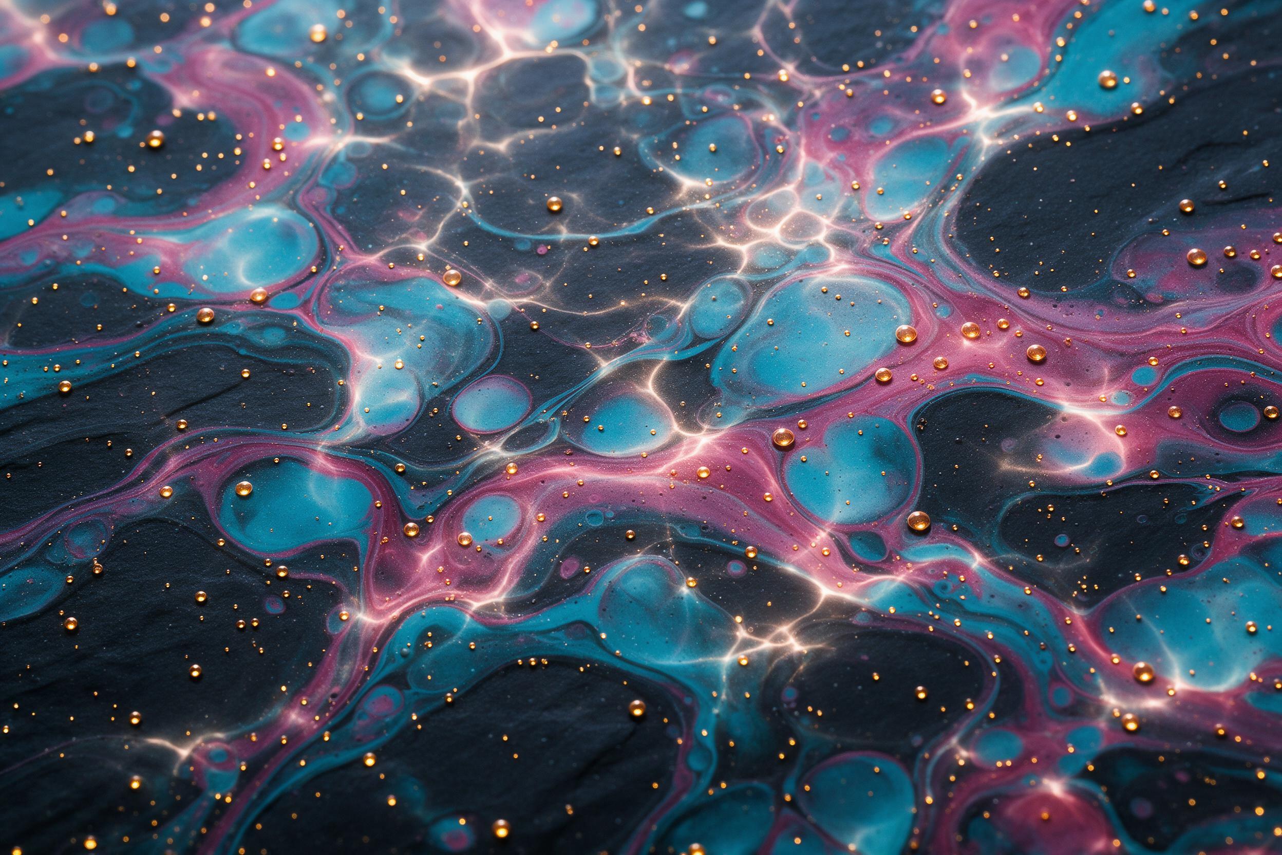 Fluid art of iridescent oil and water swirling on black slate, cyan and magenta veins with golden micro-bubbles, macro lens capturing soft caustic light refractions, subtle haze, velvety matte texture, no text