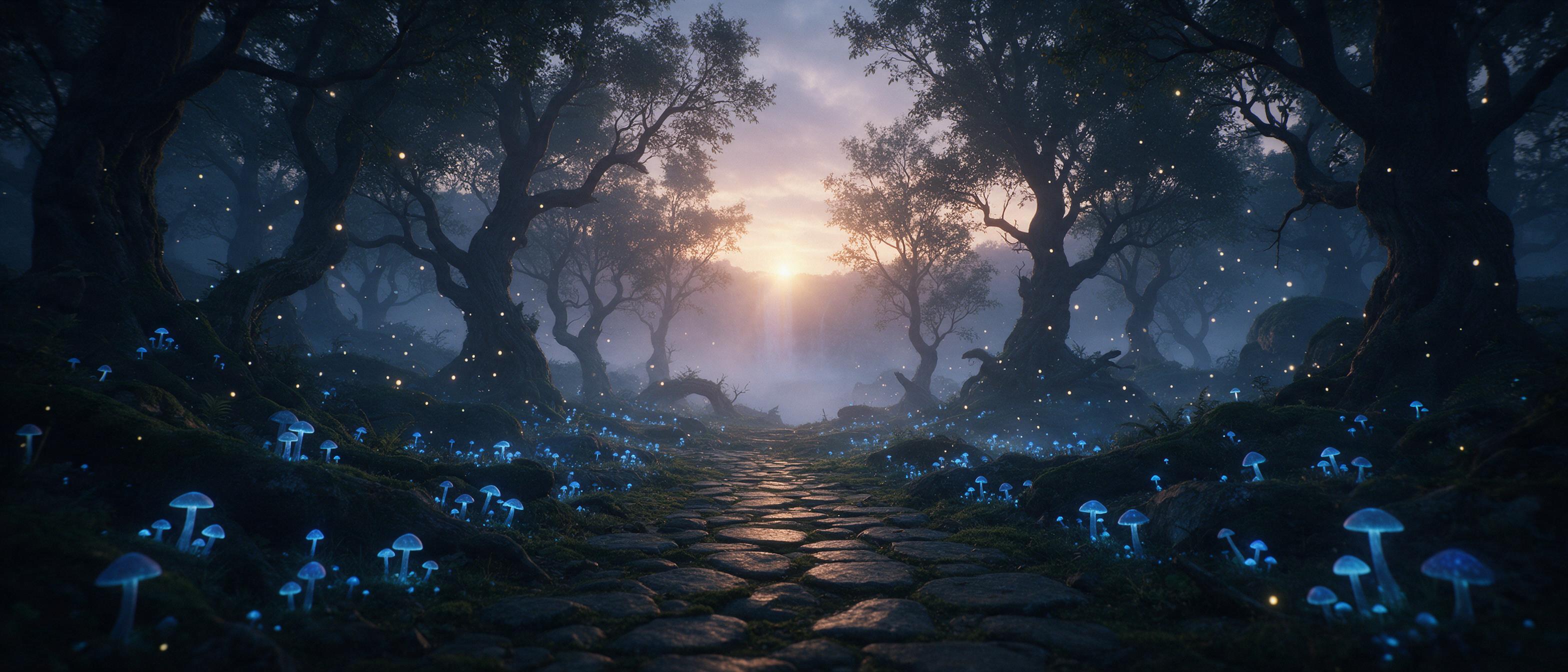 An ethereal forest clearing at twilight, glowing blue mushrooms line a mossy stone path, floating motes of light drift between ancient twisted trees, distant waterfall mist catches the last golden sunbeam, misty atmosphere, soft diffused lighting, cinematic wide-angle composition, mystical and seren