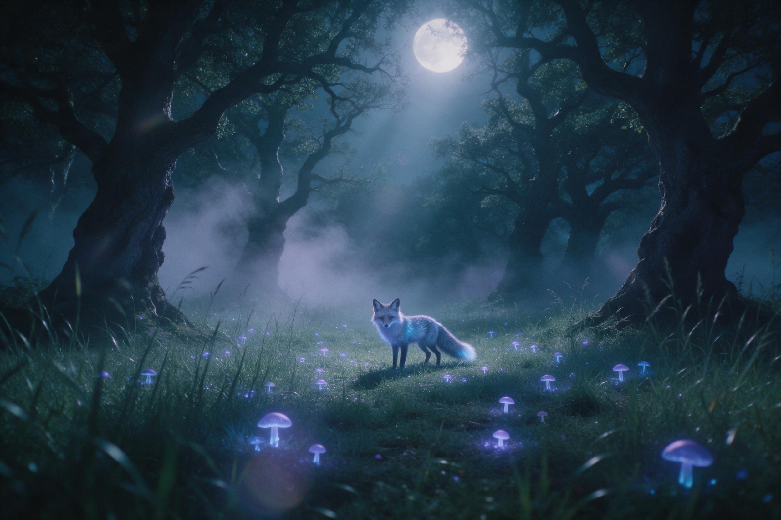 A moonlit forest clearing with bioluminescent mushrooms and a silver fox, its fur shimmering with faint blue glow, mist swirling between ancient gnarled trees, tall grass swaying, soft volumetric light rays from a full moon, deep teal and violet palette, slight grain and gentle lens flare for a drea