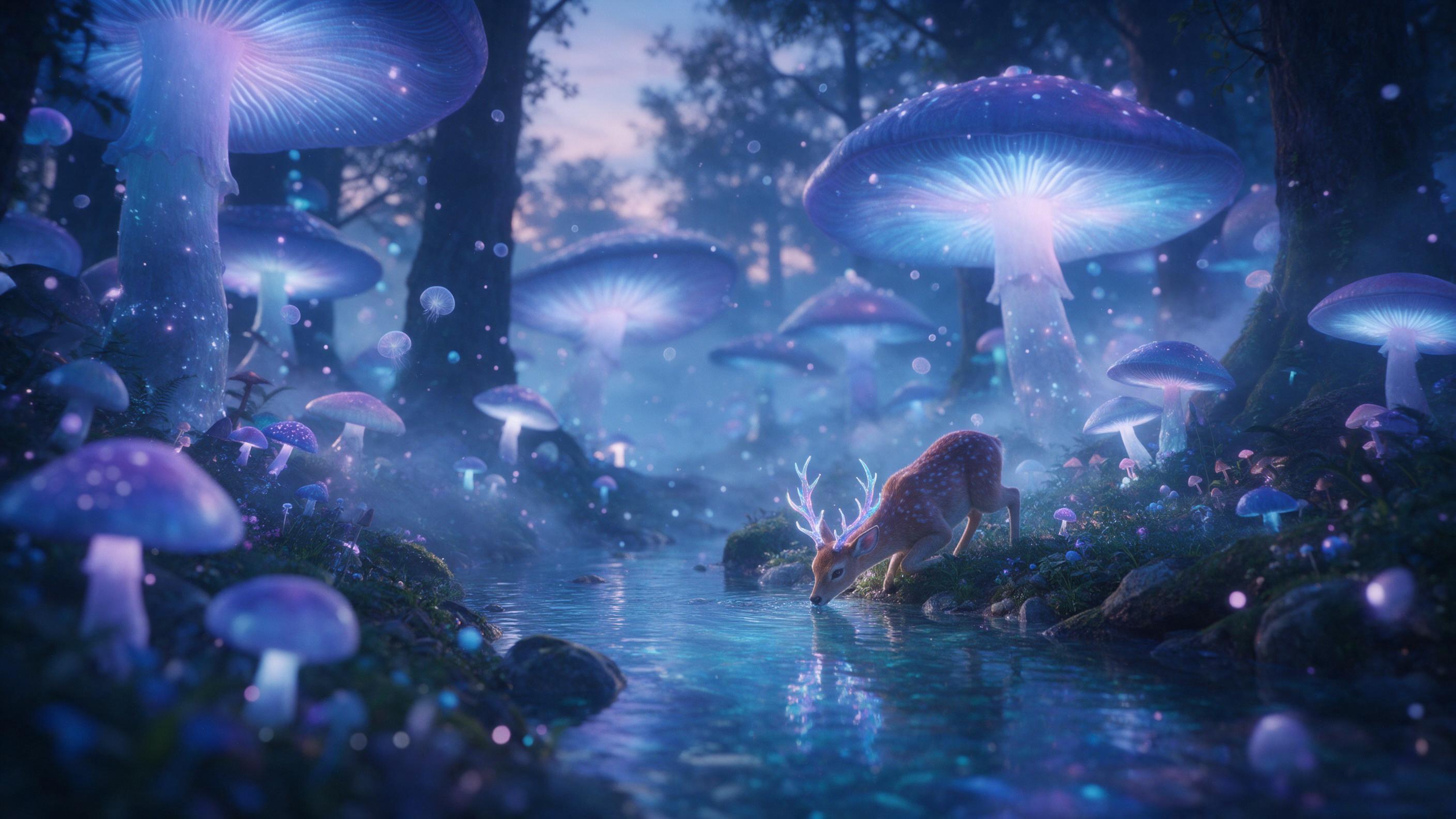 A bioluminescent forest at dusk, giant glowing mushrooms and floating spores, a small deer with iridescent antlers drinking from a crystal-clear stream, mist swirling between ancient trees, soft blue and purple light, gentle water reflections, shallow depth of field, dreamy atmosphere, no people