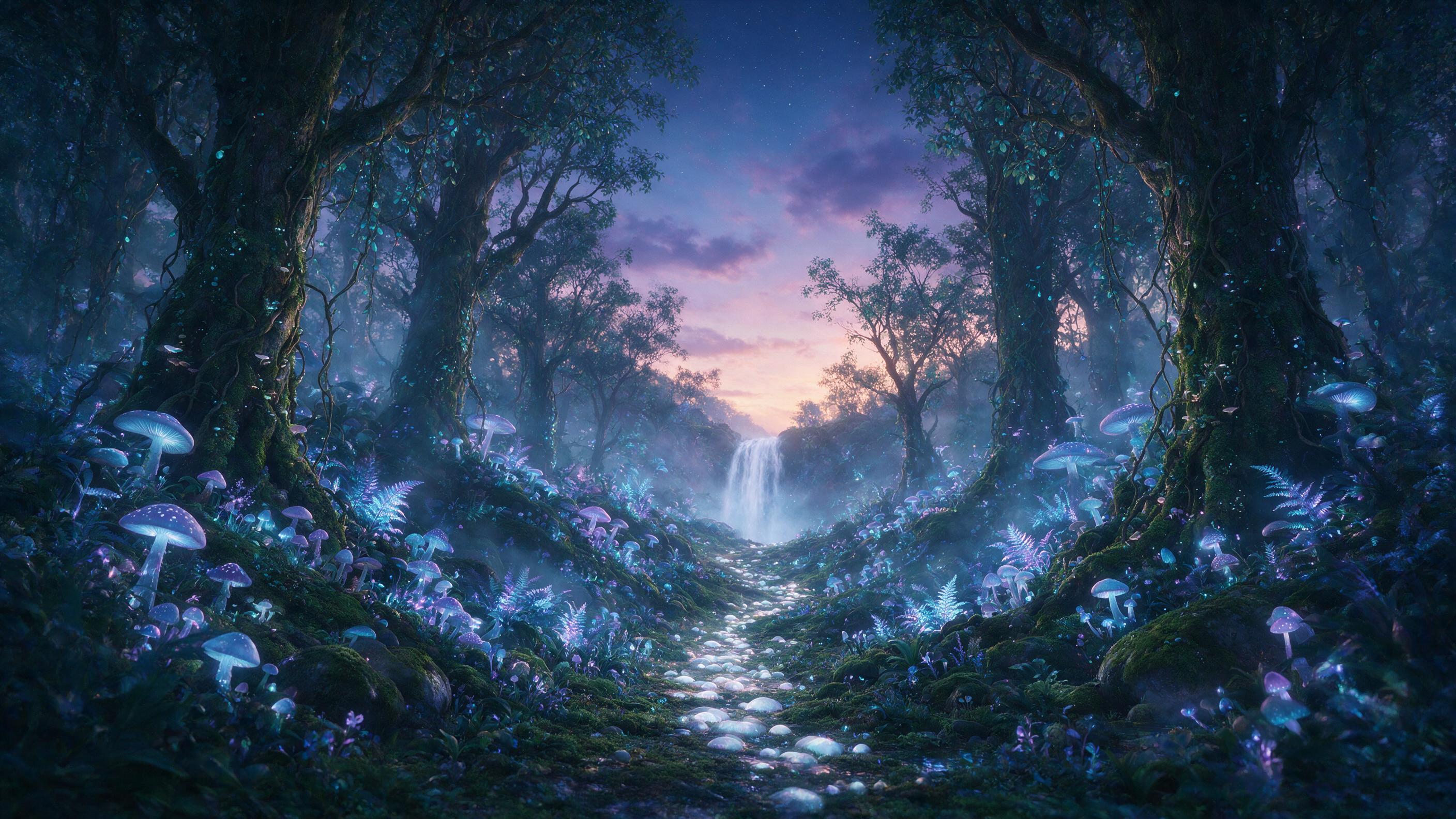A bioluminescent forest at twilight, where giant glowing mushrooms and ferns emit soft blue and violet light, casting ethereal shadows on mossy ground. A winding path of glowing stones leads to a distant waterfall, its mist catching the light. Fog drifts between ancient trees, their bark covered in 