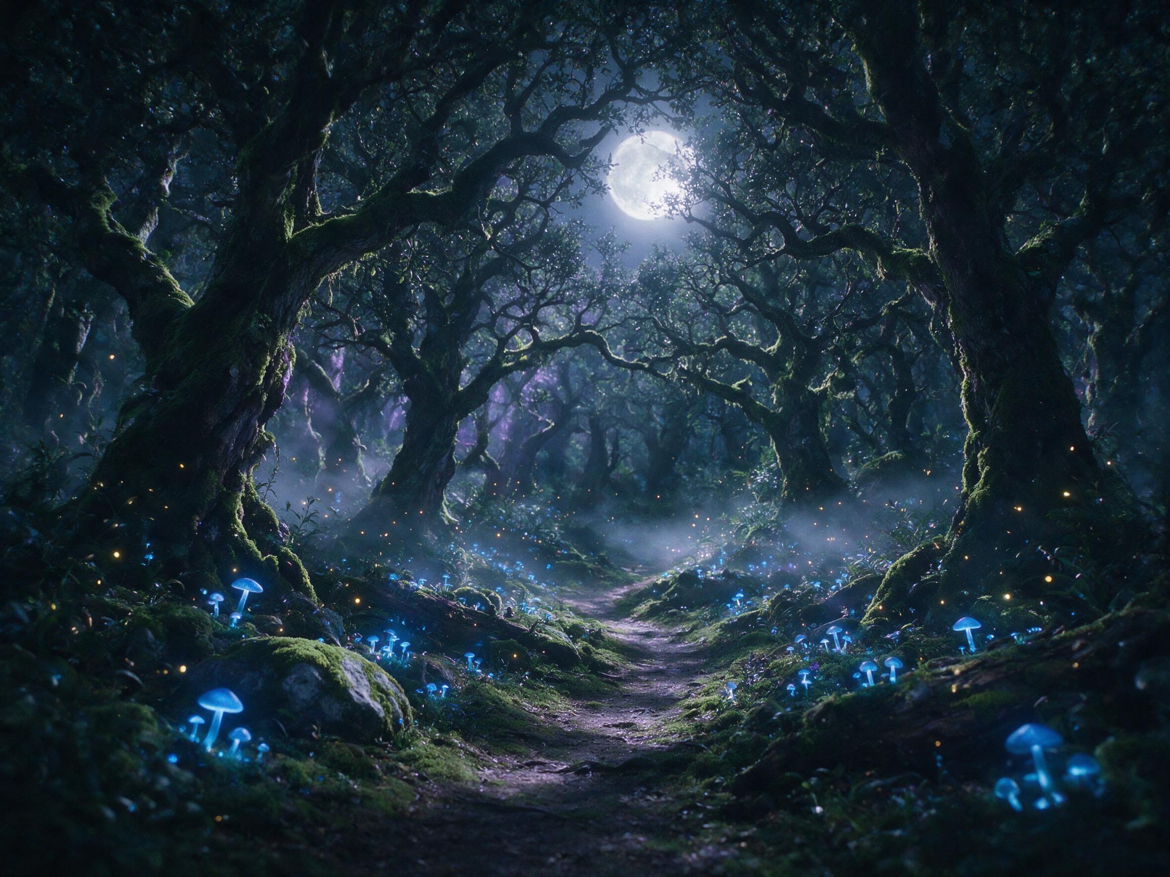 A luminous moonlit forest with glowing blue mushrooms scattered along a winding mossy path, soft mist weaving through ancient twisted trees, fireflies hovering, ethereal purple and silver light filtering through the canopy, slight camera shake, natural grain, deep shadows.