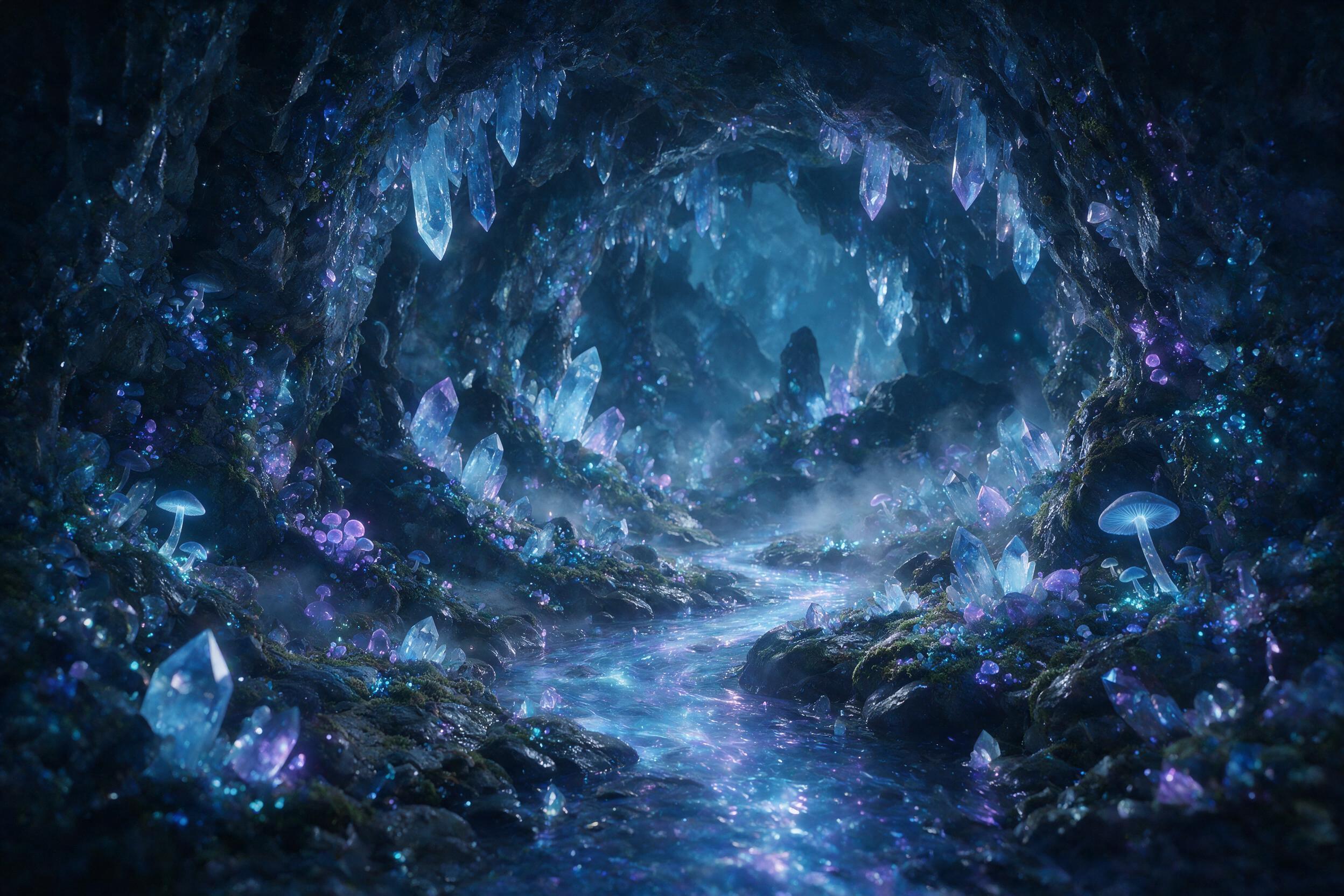 A luminous crystal cave deep underground, glowing moss and bioluminescent fungi line the walls, a small stream of liquid light flows through the center, soft blue and purple tones, misty atmosphere, dim ambient light from glowing crystals, subtle lens flare, serene and mysterious mood