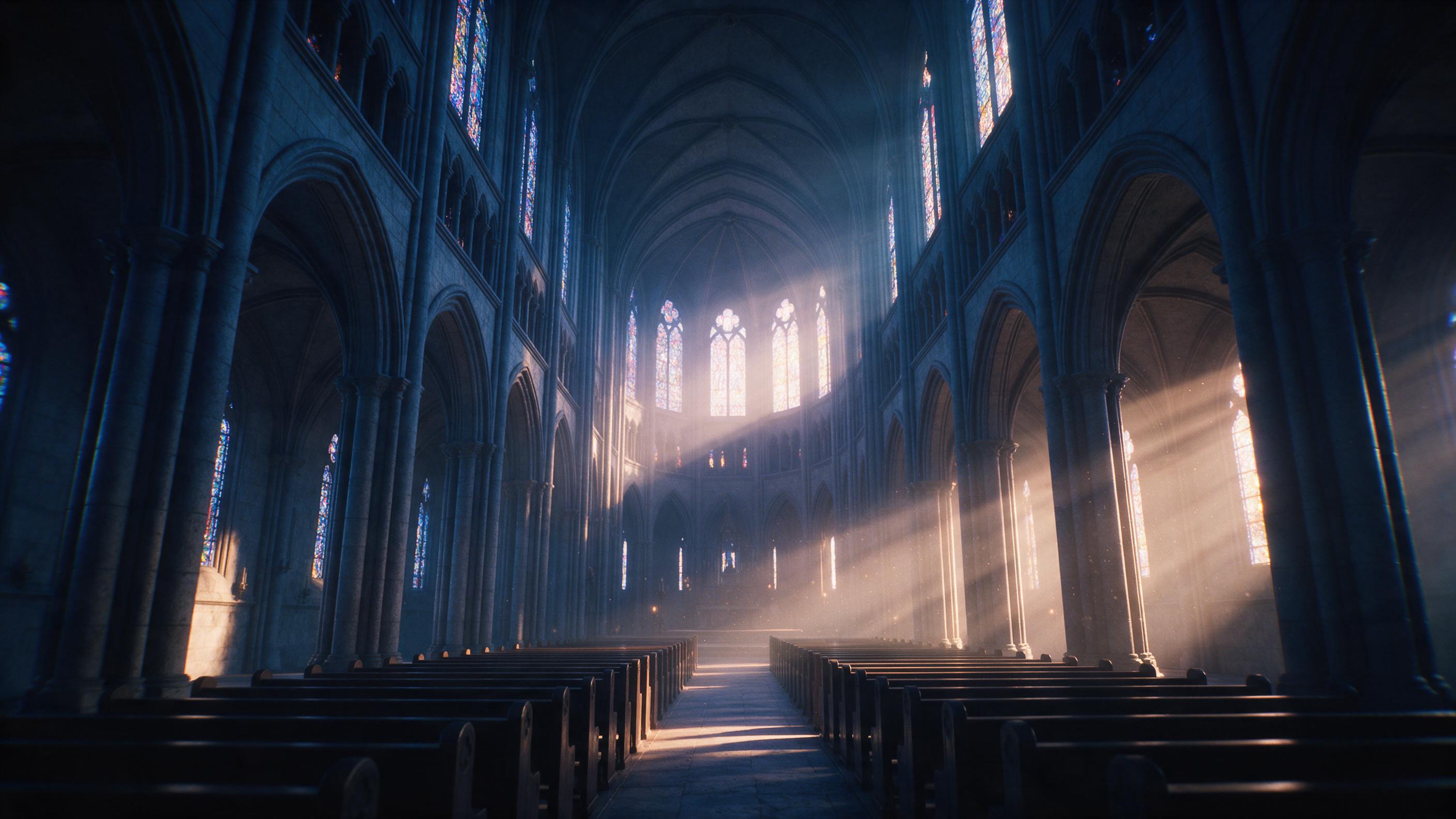 Gothic cathedral interior at dawn, light rays through stained glass, stone arches, empty pews, dust motes, cool blue and warm gold tones, symmetrical composition, slight wide-angle distortion.