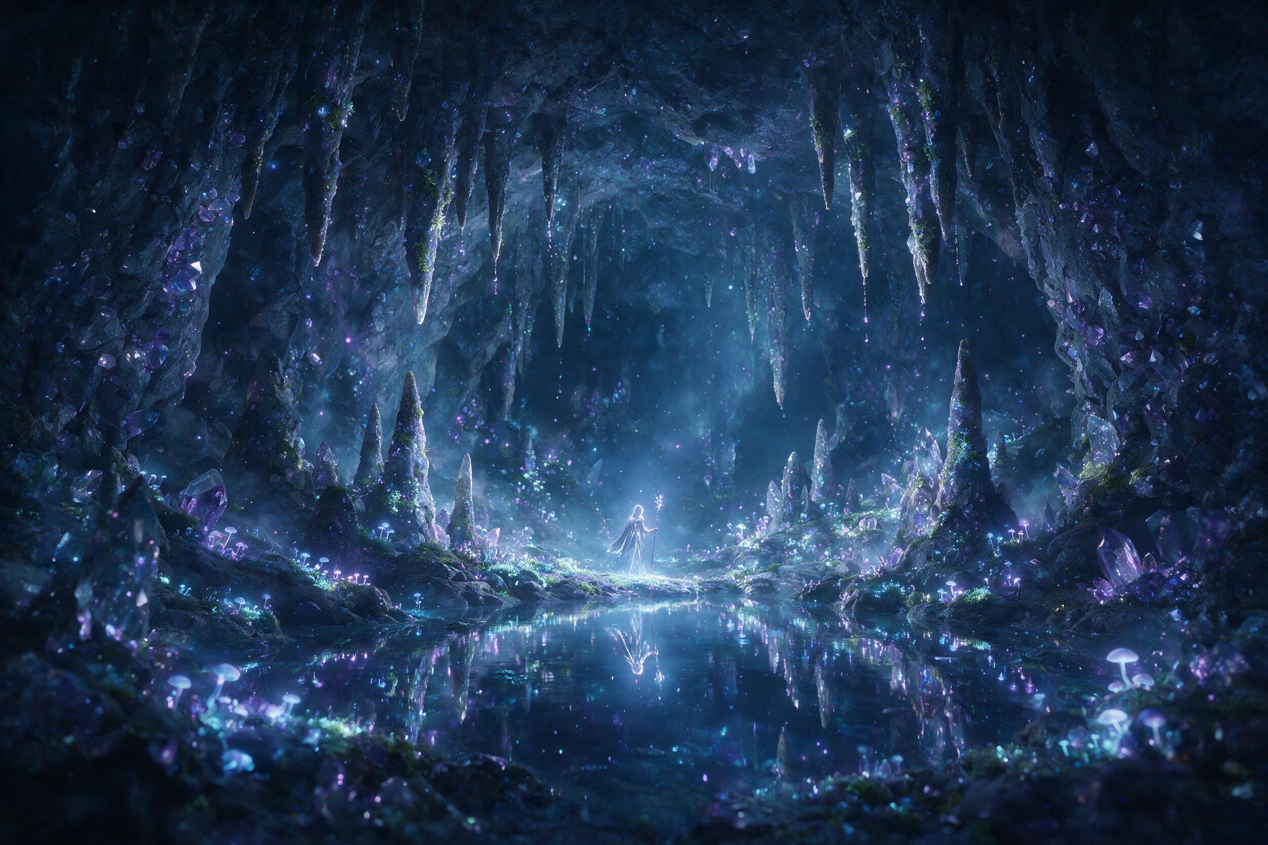 A luminous crystal cave deep underground, bioluminescent moss and fungi casting soft blue and purple light, stalactites dripping with glowing water, a small ethereal figure in a silver cloak stands at the center holding a staff, dust motes suspended in the still air, soft haze from mineral deposits,