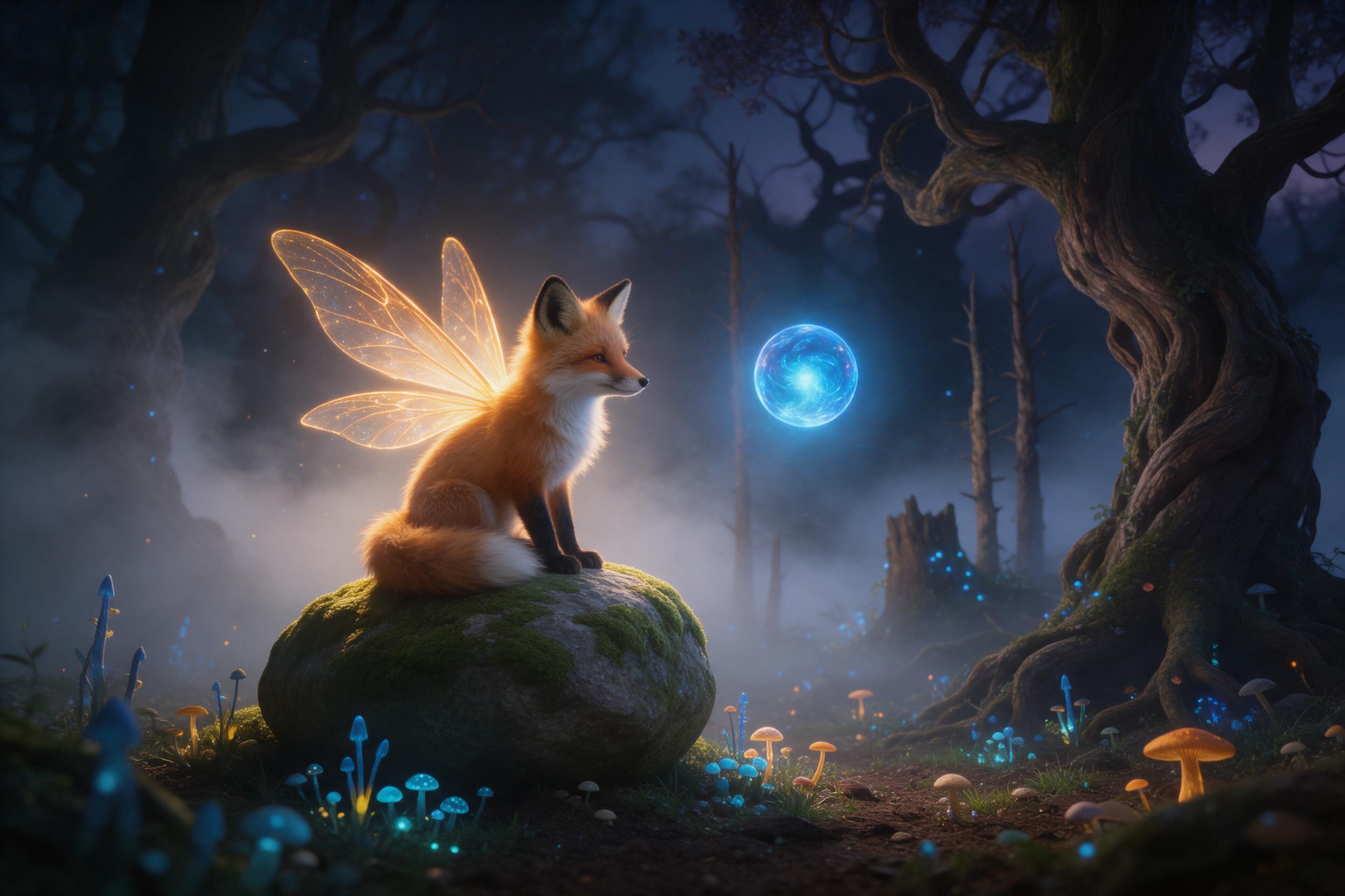 In a twilight forest, a small fox with translucent, glowing wings sits on a mossy stone, gazing at a floating orb of blue light. The ground is covered with soft, bioluminescent mushrooms. Mist swirls between ancient, twisted trees. Soft backlighting from the orb creates a warm halo around the fox, c