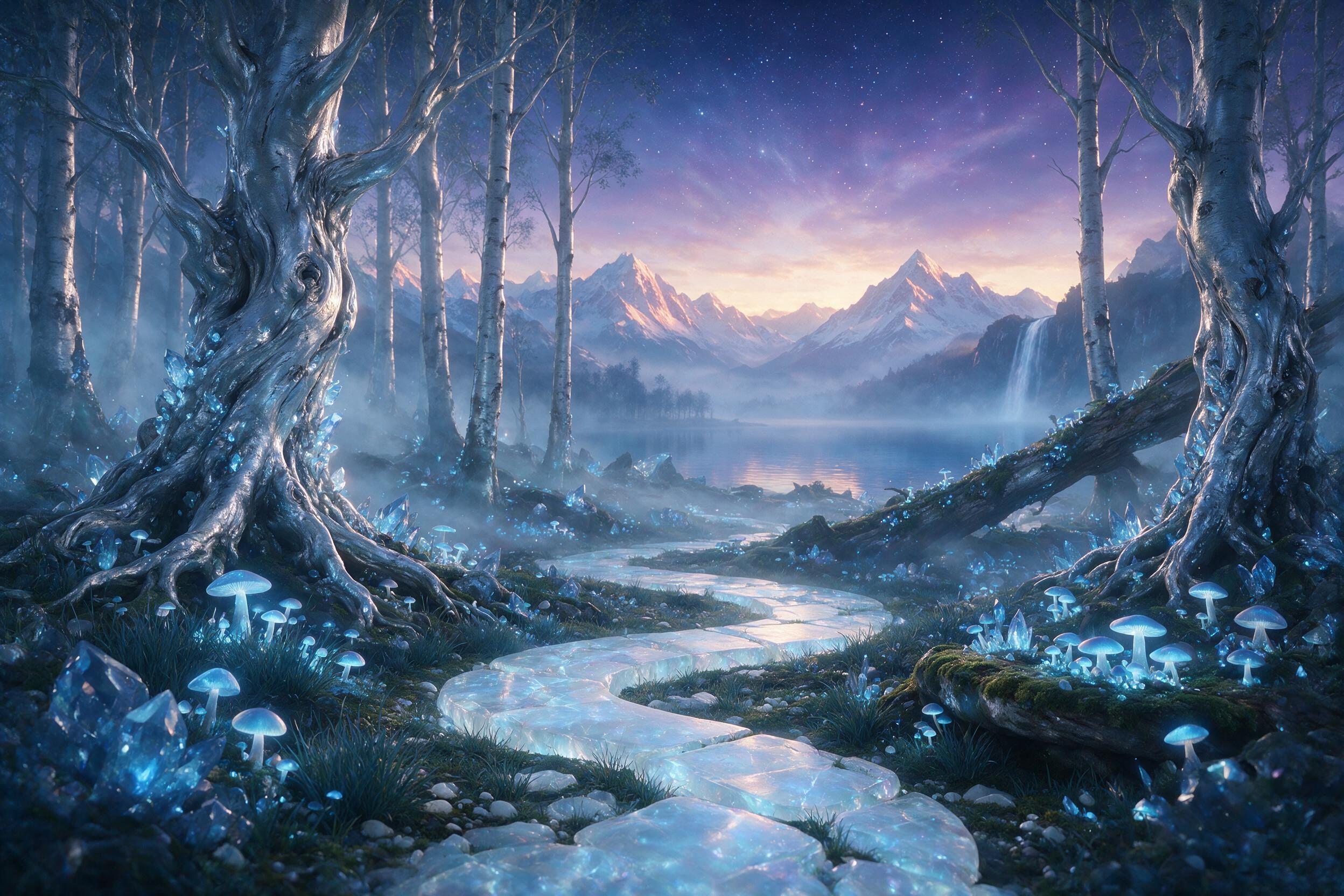 A glowing crystal forest at twilight, bioluminescent mushrooms casting soft blue light, ancient twisted trees with silver bark, a winding path made of moonstone, gentle swirling mist, distant snow-capped mountains under a starry purple sky, ethereal atmosphere.