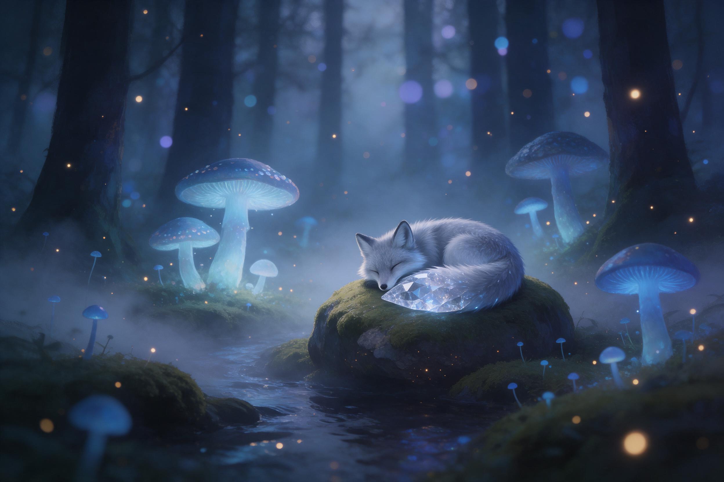 A misty bioluminescent forest at twilight, giant glowing mushrooms casting soft blue light, a silver fox with crystal-tipped tail curled on mossy stone, fireflies like scattered stars, ethereal fog, gentle bokeh, painterly style with soft edges