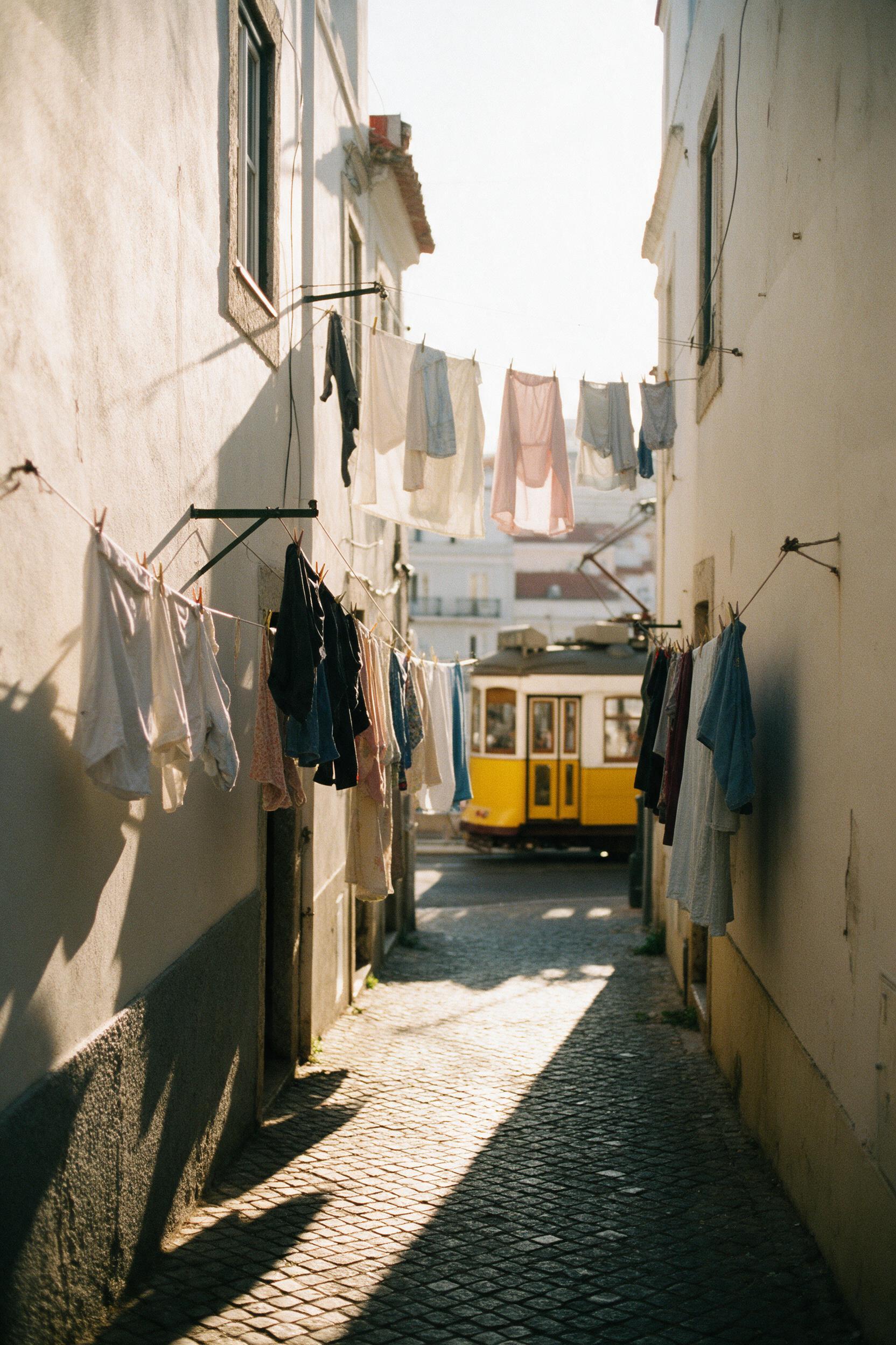 Sunlit narrow alley in Lisbon, laundry lines strung between plaster walls, a vintage yellow tram in soft-focus background, warm golden hour light, long shadows on cobblestones, slightly overexposed highlights, grainy film look, casual street photography composition.