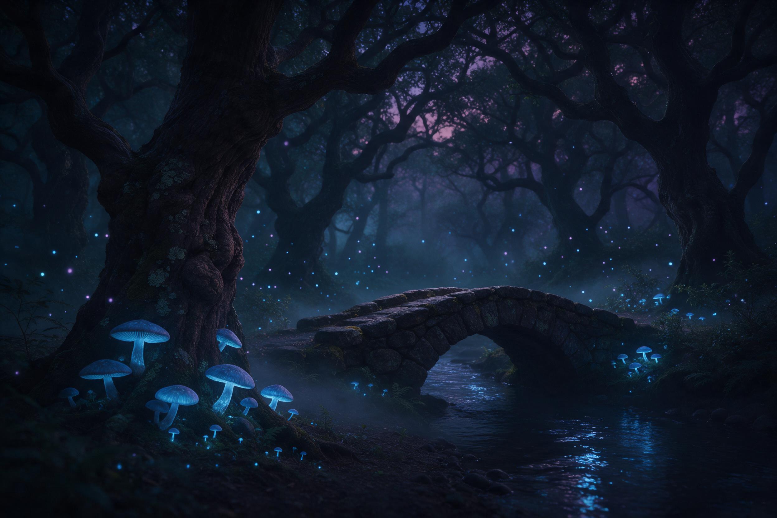 A mystical forest at twilight, ancient twisted trees with glowing blue mushrooms and floating specks of light, a small stone bridge over a dark stream, mist hugging the ground, deep teal and purple palette, soft diffused lighting through canopy, ethereal atmosphere