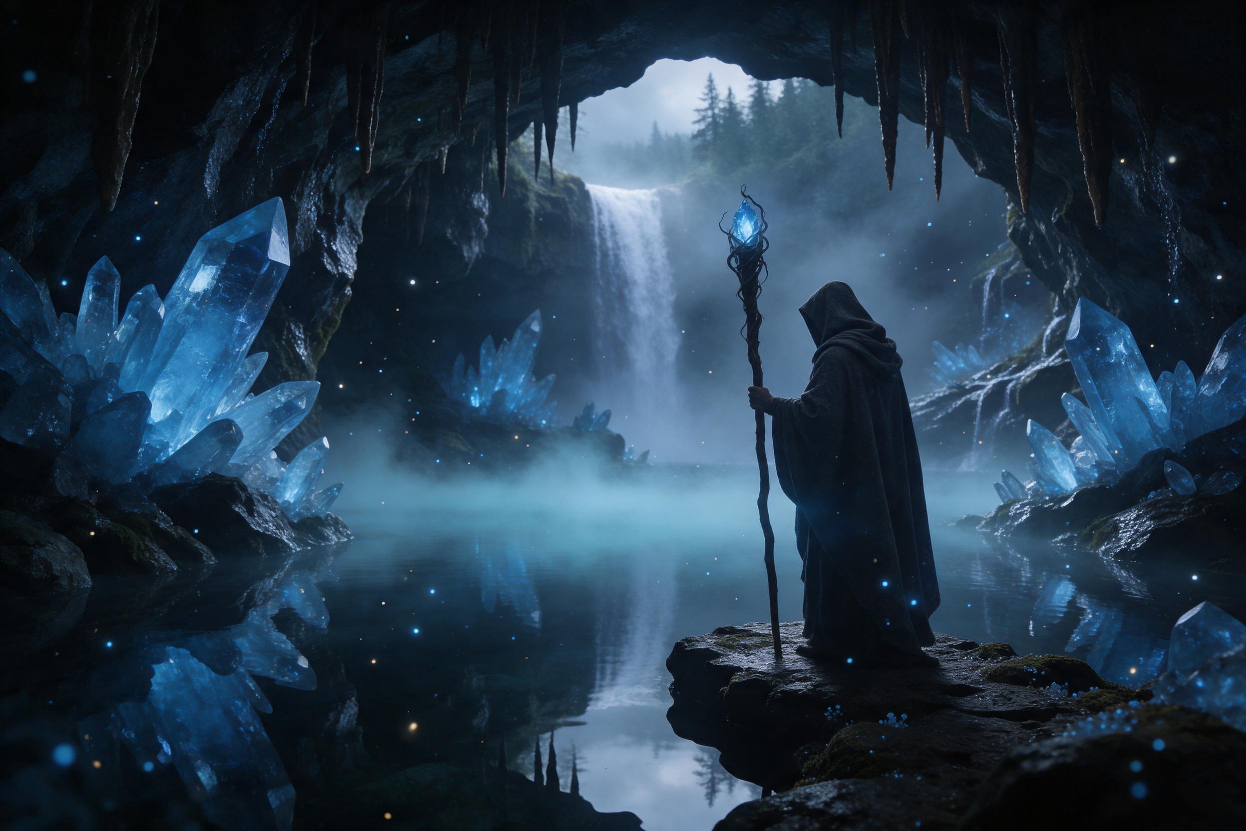 An ancient, glowing crystal cave hidden beneath a waterfall; luminescent blue crystals jut from rocky walls, casting soft reflections on a still underground pool. Ethereal mist drifts, and tiny glowing spores float in the air. A lone hooded figure stands on a stone ledge, holding a staff with a fain