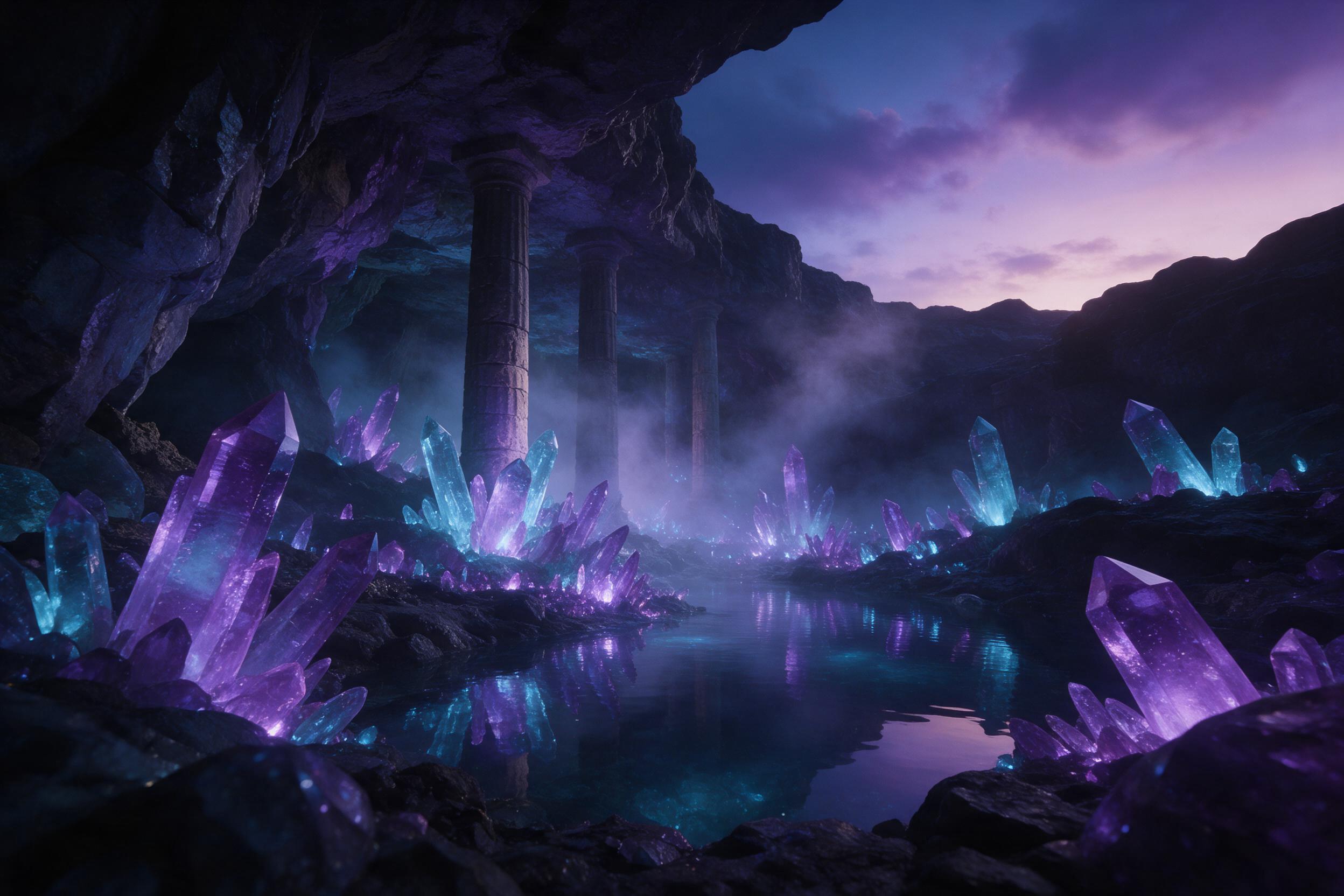 A hidden crystal grotto beneath a twilight sky, glowing violet and cyan crystals jut from the cave floor, reflecting in a still underground lake, mist swirling around ancient stone columns, soft bioluminescent light, ethereal atmosphere, wide-angle composition, rich colors with deep shadows