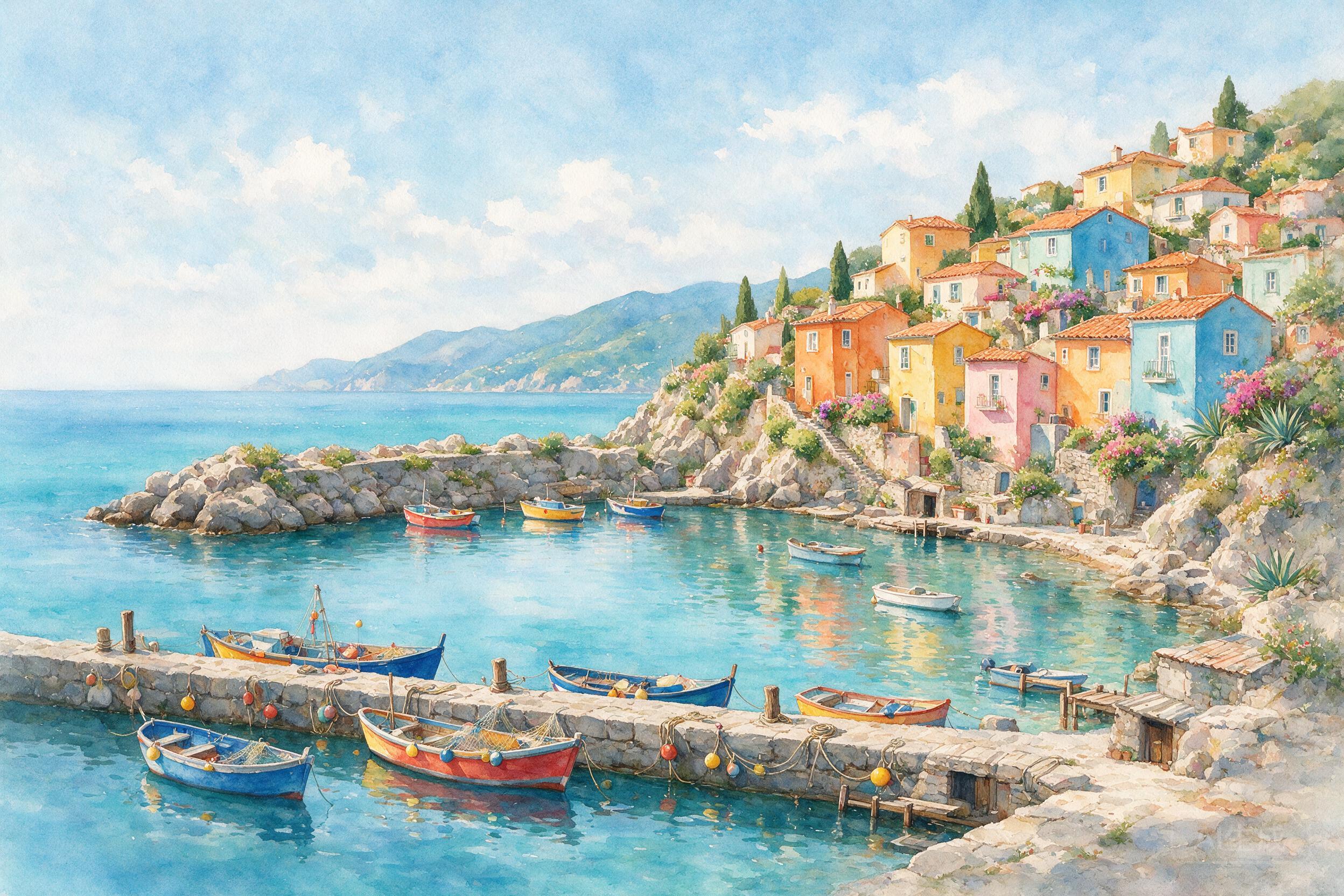 Watercolor painting of a coastal village, colorful houses on a hillside, fishing boats in the harbor, soft pastel colors