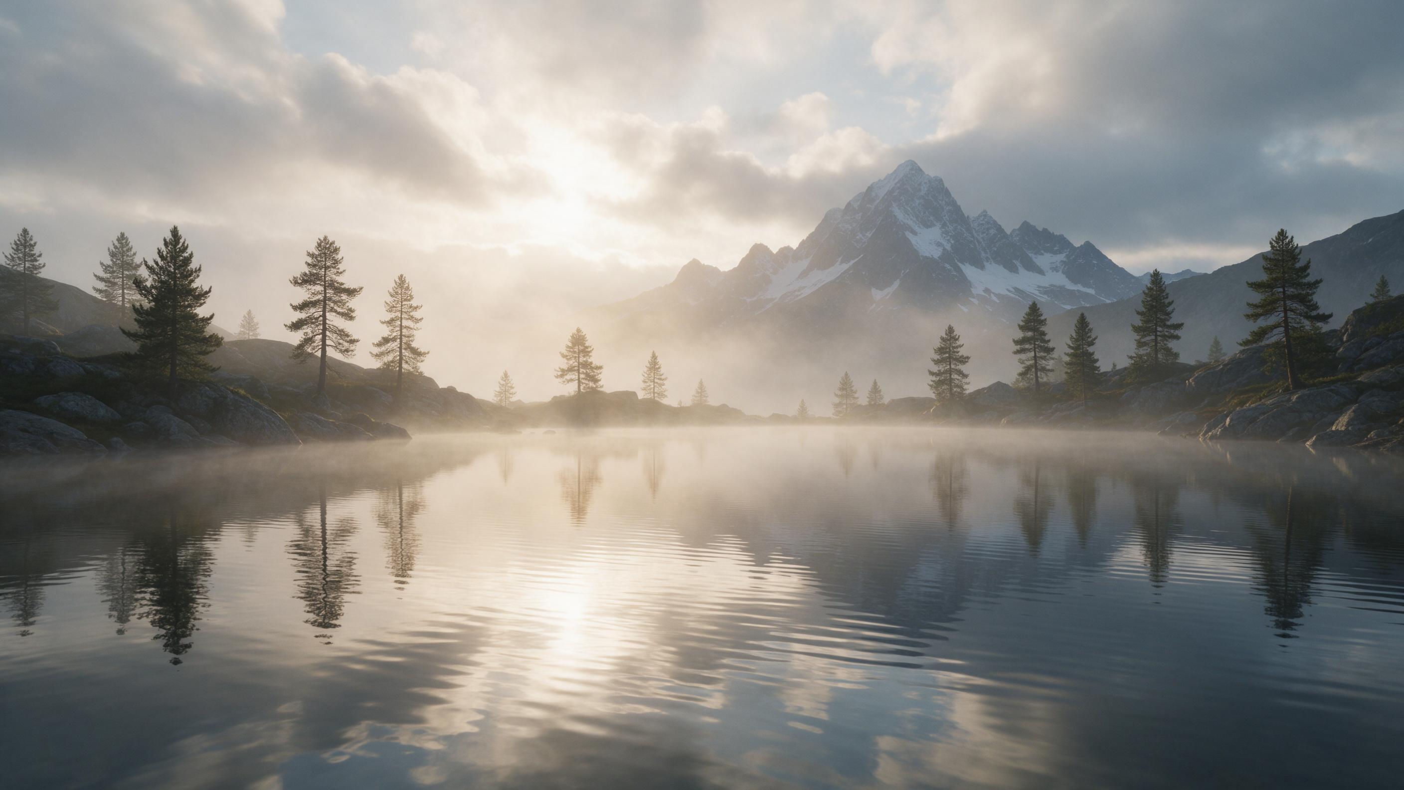 A misty alpine lake at dawn, surrounded by rugged snow-capped peaks, mirrored reflections in still water, scattered pine trees on rocky shore, soft golden sunlight breaking through clouds, gentle ripples and morning haze, composition centered on the lake with mountains in background, atmospheric per
