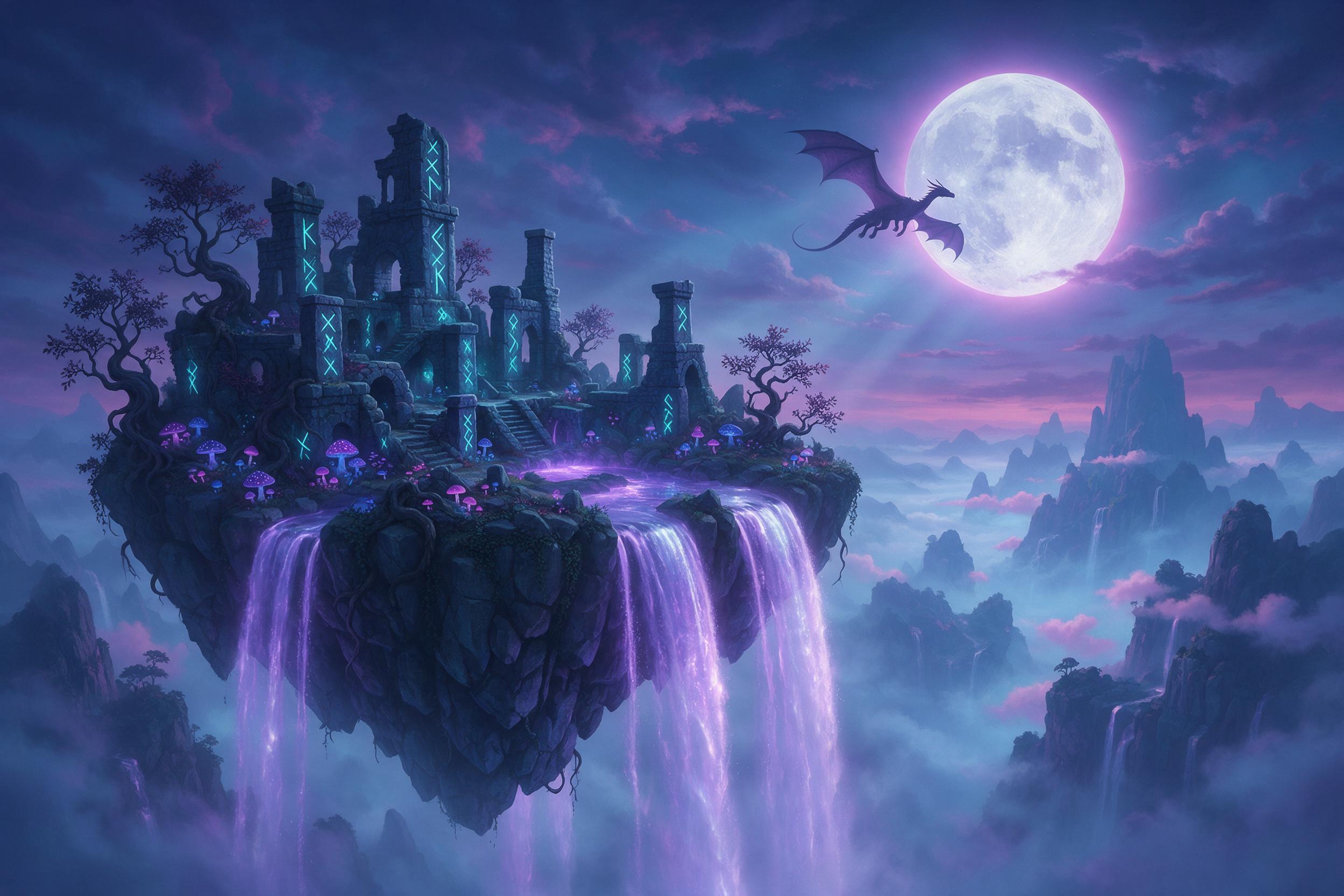 A floating island in twilight, glowing violet waterfalls cascading into a misty abyss, ancient stone ruins with runes glowing teal, bioluminescent mushrooms and twisted trees, a dragon silhouette circling a massive moon, volumetric fog, cool blue and magenta palette, aerial perspective, dreamlike at