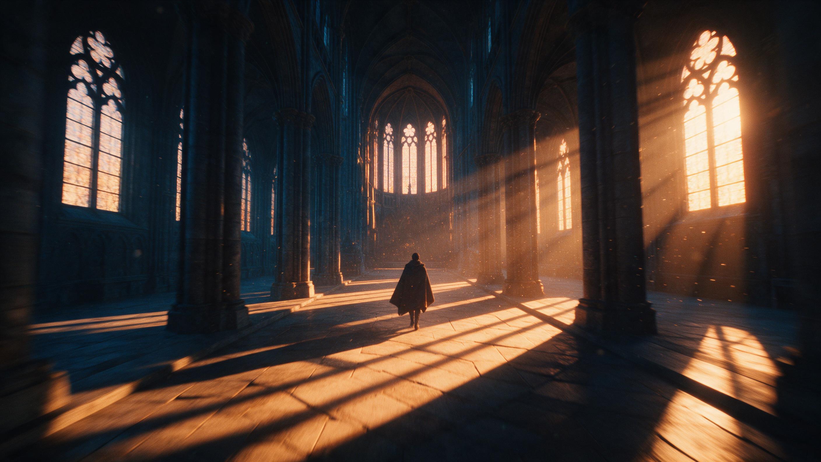 Sunset light streaming through ornate Gothic cathedral windows, casting long geometric shadows across stone floor, dust motes dancing in air, a lone figure in cloak walking down aisle, warm amber and cool blue contrast, slight camera movement, film grain, wide-angle interior perspective.