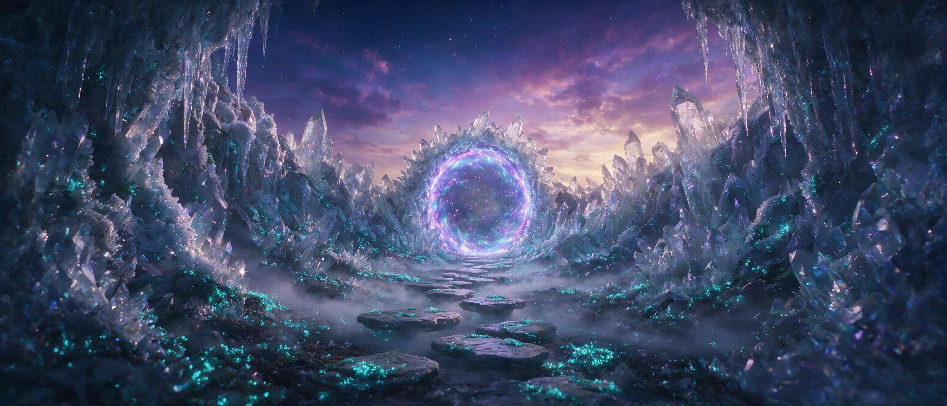 A glowing crystal cavern beneath a twilight sky, bioluminescent moss creeping over jagged quartz walls, a narrow path of floating stones leading to a shimmering portal, soft violet and cyan light refracted through ice crystals, mist swirling low, cinematic wide shot, fantasy atmosphere