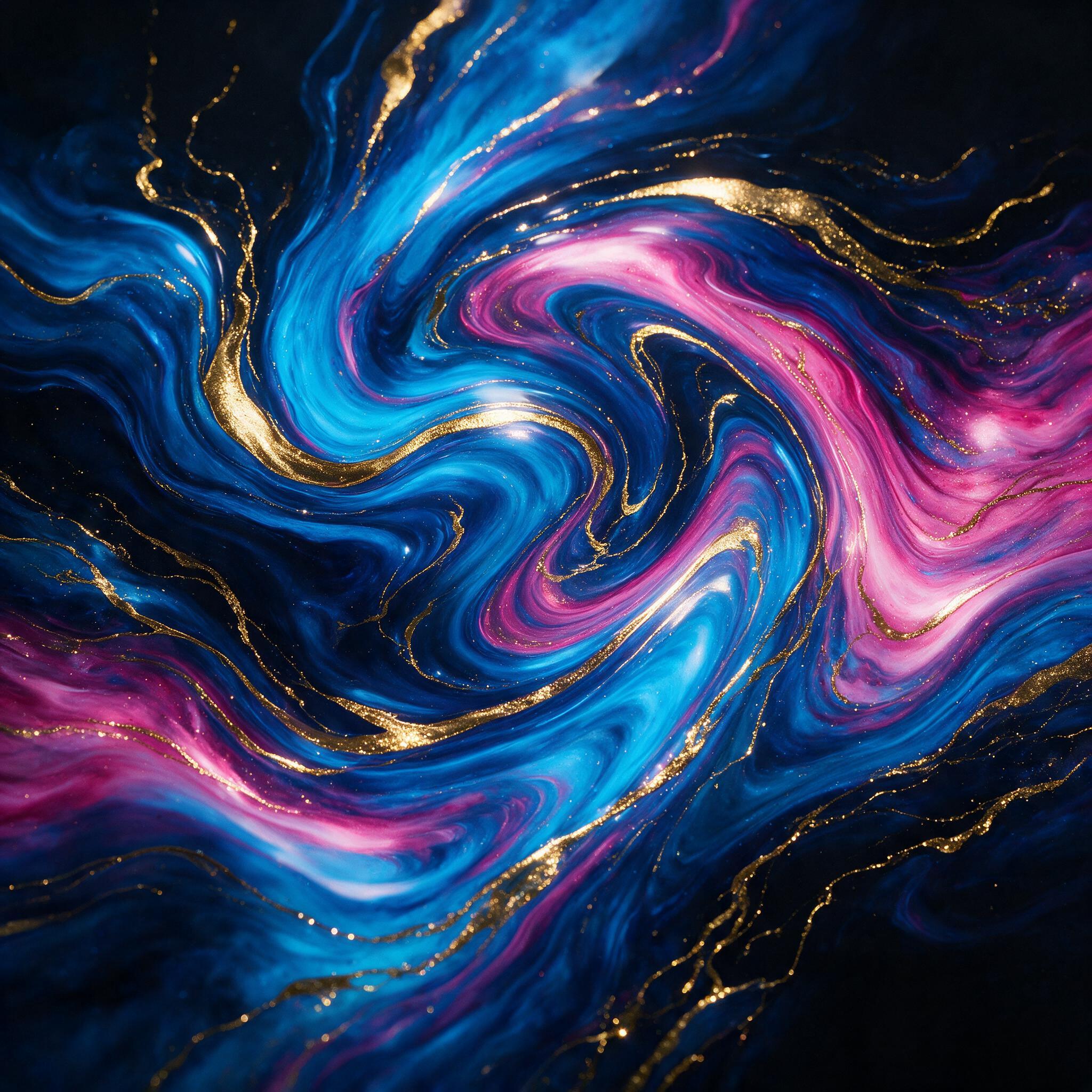 A swirling vortex of neon blue and magenta fluid art, with golden metallic veins intersecting, set against a deep black background. Soft, diffused studio lighting with a single dramatic spotlight from above, creating glossy reflections on the smooth, resin-like surface. Minimalist composition, no sh