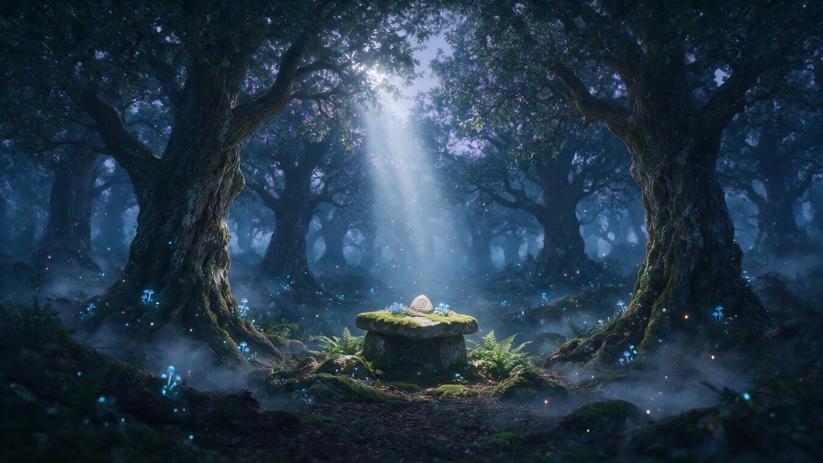A misty forest at twilight, ancient trees with glowing blue mushrooms at their roots, a single beam of moonlight piercing through the canopy, illuminating a small stone altar covered in moss, ethereal particles floating in the air, soft focus, cinematic lighting