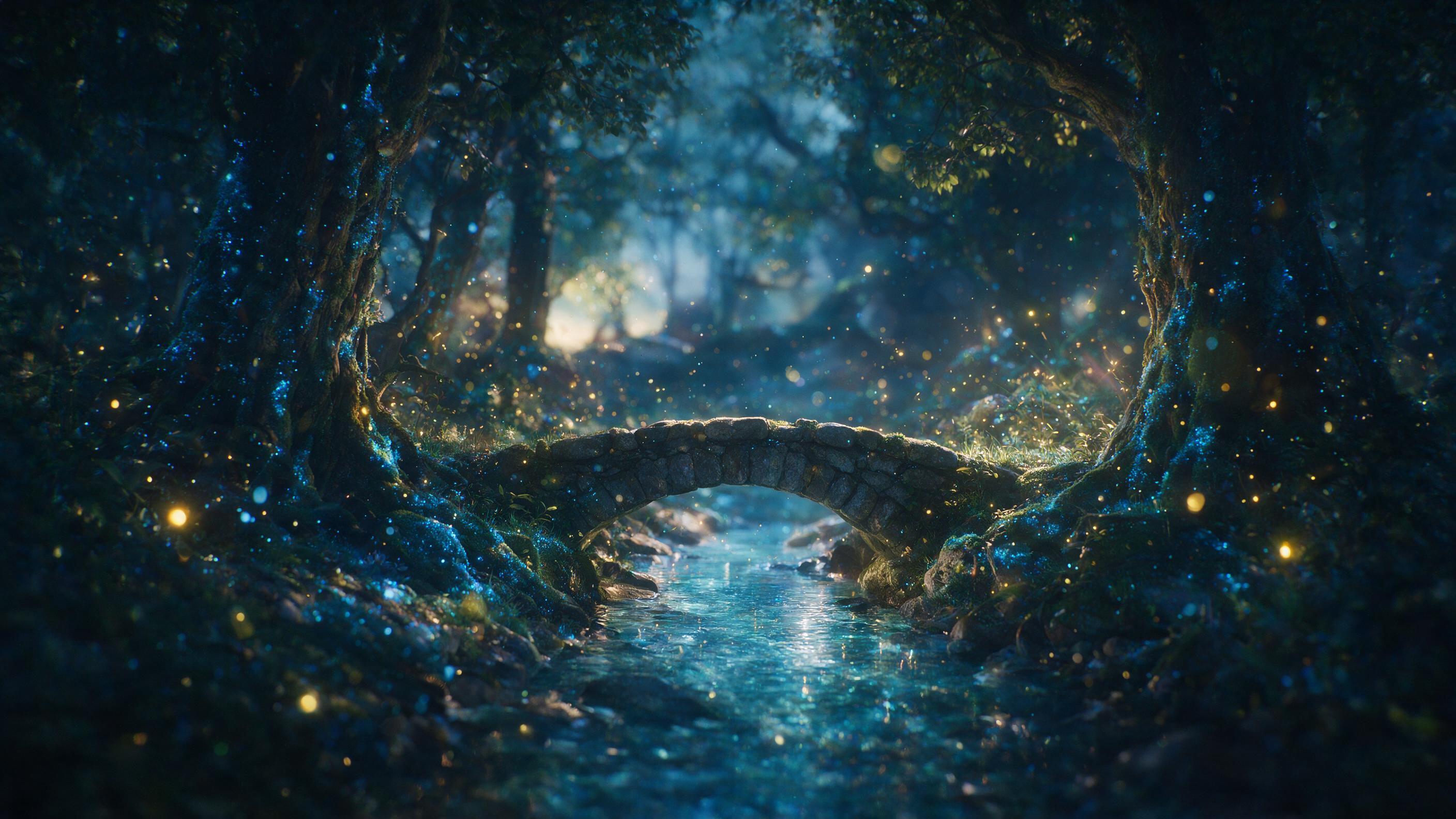 A mystical forest at twilight, ancient trees with glowing blue moss, soft bioluminescent particles floating in the air, a small stone bridge over a crystalline stream, warm golden light from fireflies, deep shadows, ethereal atmosphere, slight lens flare, shallow depth of field