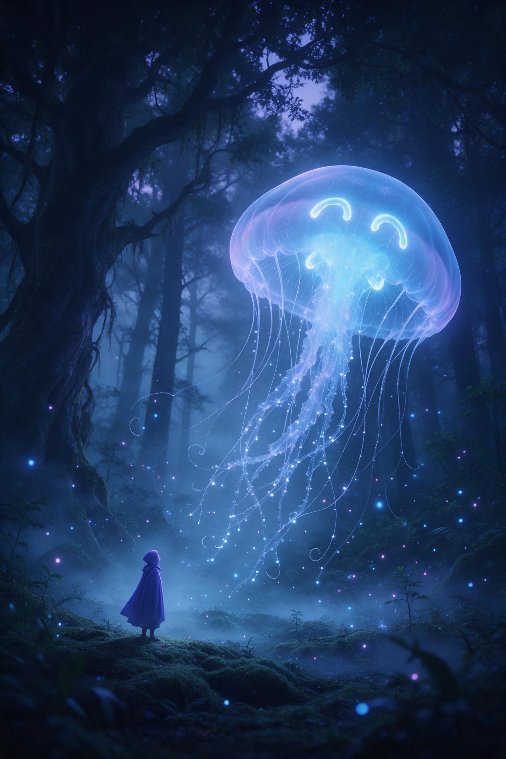 In a twilight forest, a giant translucent jellyfish drifts above the moss-covered ground, its glow illuminating swirling mist and ancient trees. Fireflies sparkle around its trailing luminous tendrils. A tiny robed figure stands below, looking up in awe. Soft blue and violet tones, ethereal light be