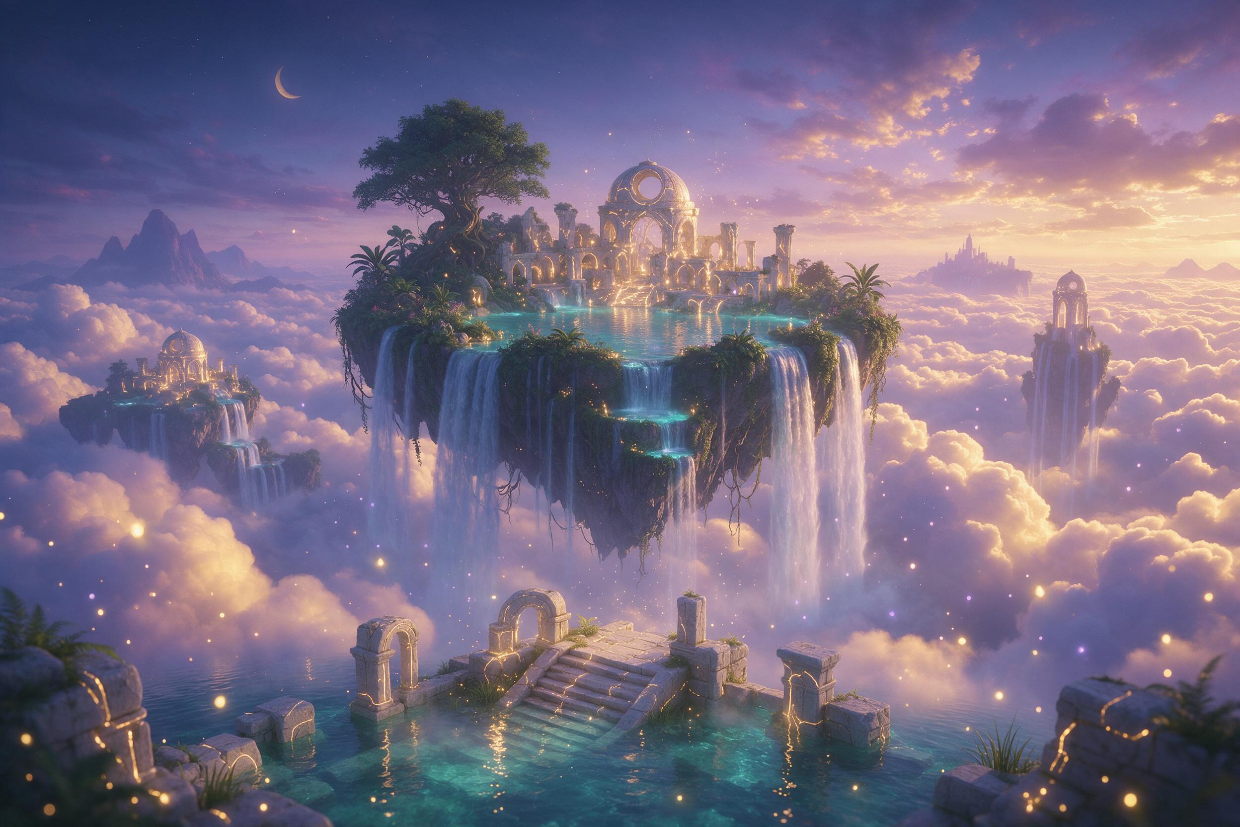 A floating island in a twilight sky, waterfalls cascading into a sea of glowing clouds, ancient glowing ruins half-sunk in a turquoise lake, fireflies drifting and scattered luminescent spores, warm golden and cool violet ambient light, surreal and serene, detailed fantasy landscape with depth of fi