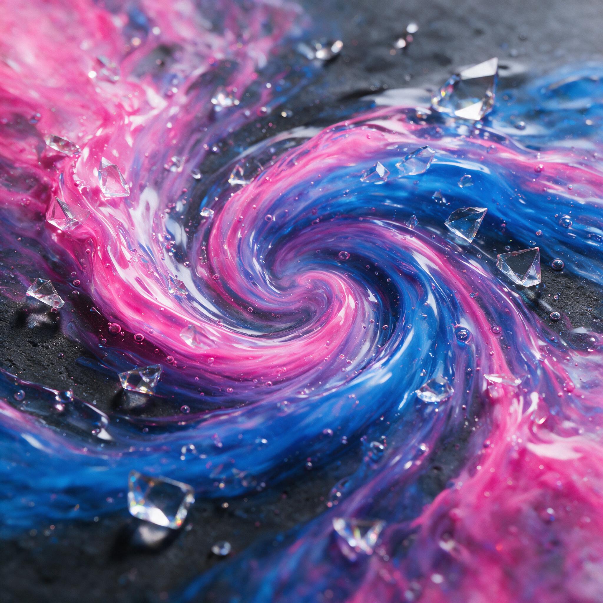A swirling vortex of neon pink and electric blue fluid forms, dancing on a dark matte surface. Sharp geometric shards of glass float amidst the liquid waves, casting intricate shadows. Soft, diffused lighting from above creates a gradient of depth, with tiny air bubbles trapped in the resin. The tex
