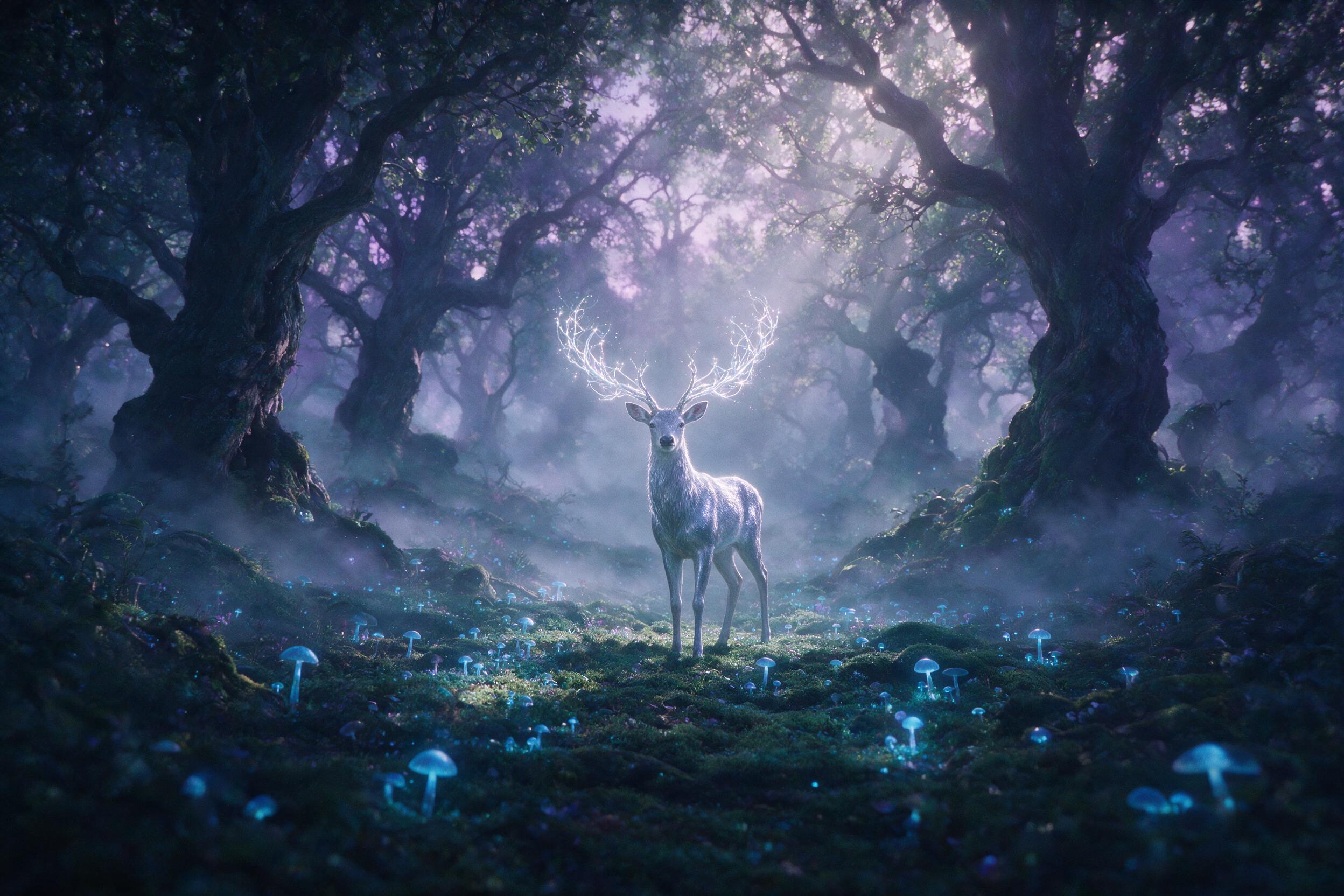 An ethereal glade at twilight, glowing blue mushrooms dot the mossy ground, a silver deer with antlers of woven light stands still, soft mist intertwines with ancient gnarled trees, cool violet and teal hues, gentle god rays pierce the canopy, composition centered on the deer, natural grain.