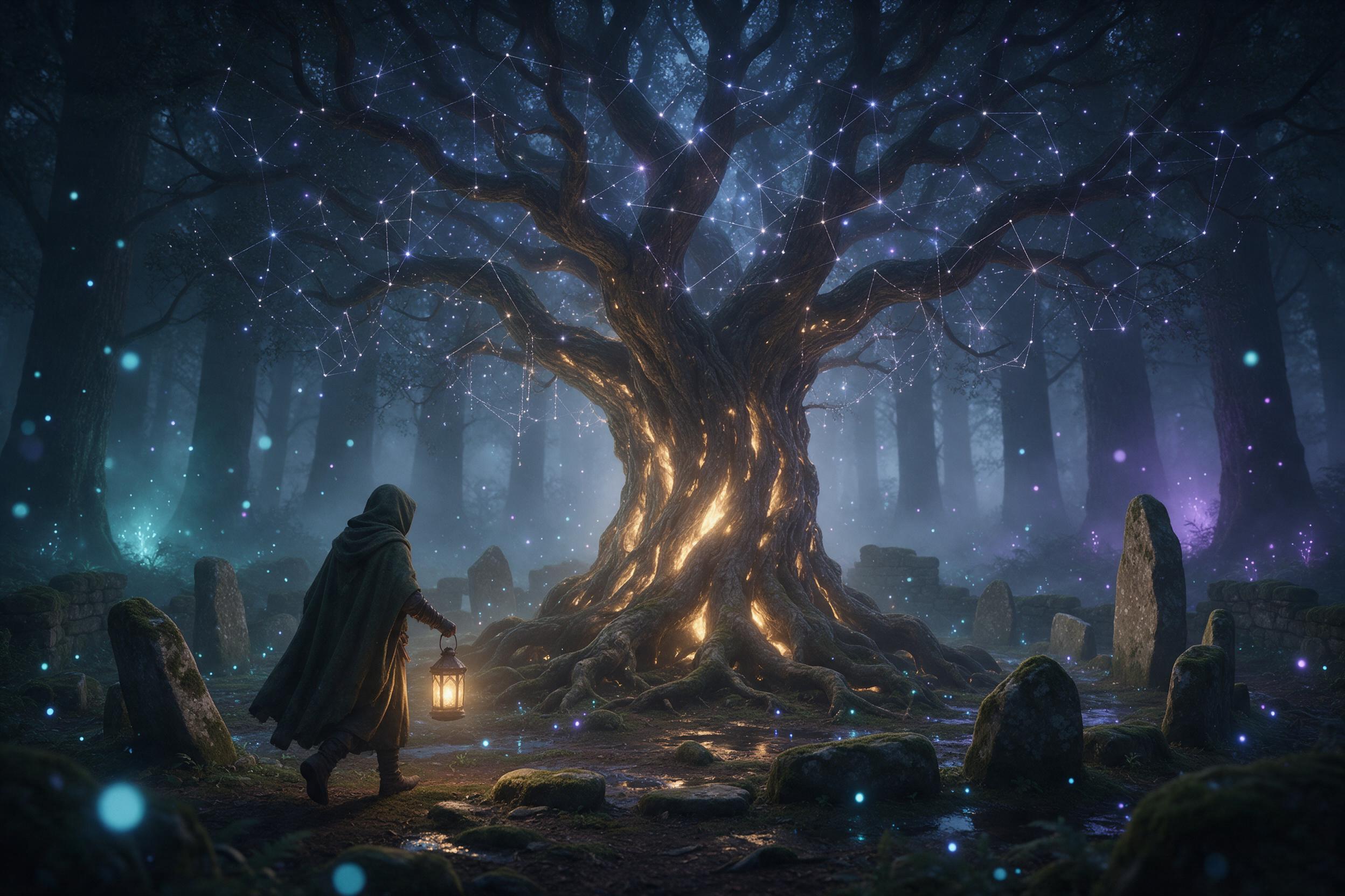 An ancient glowing tree stands at the center of a misty forest clearing, its branches weaving into constellations; soft bioluminescent spores drift through humid twilight air, casting cyan and violet reflections on a moss-covered stone circle; a hooded figure with a lantern approaches from the left,