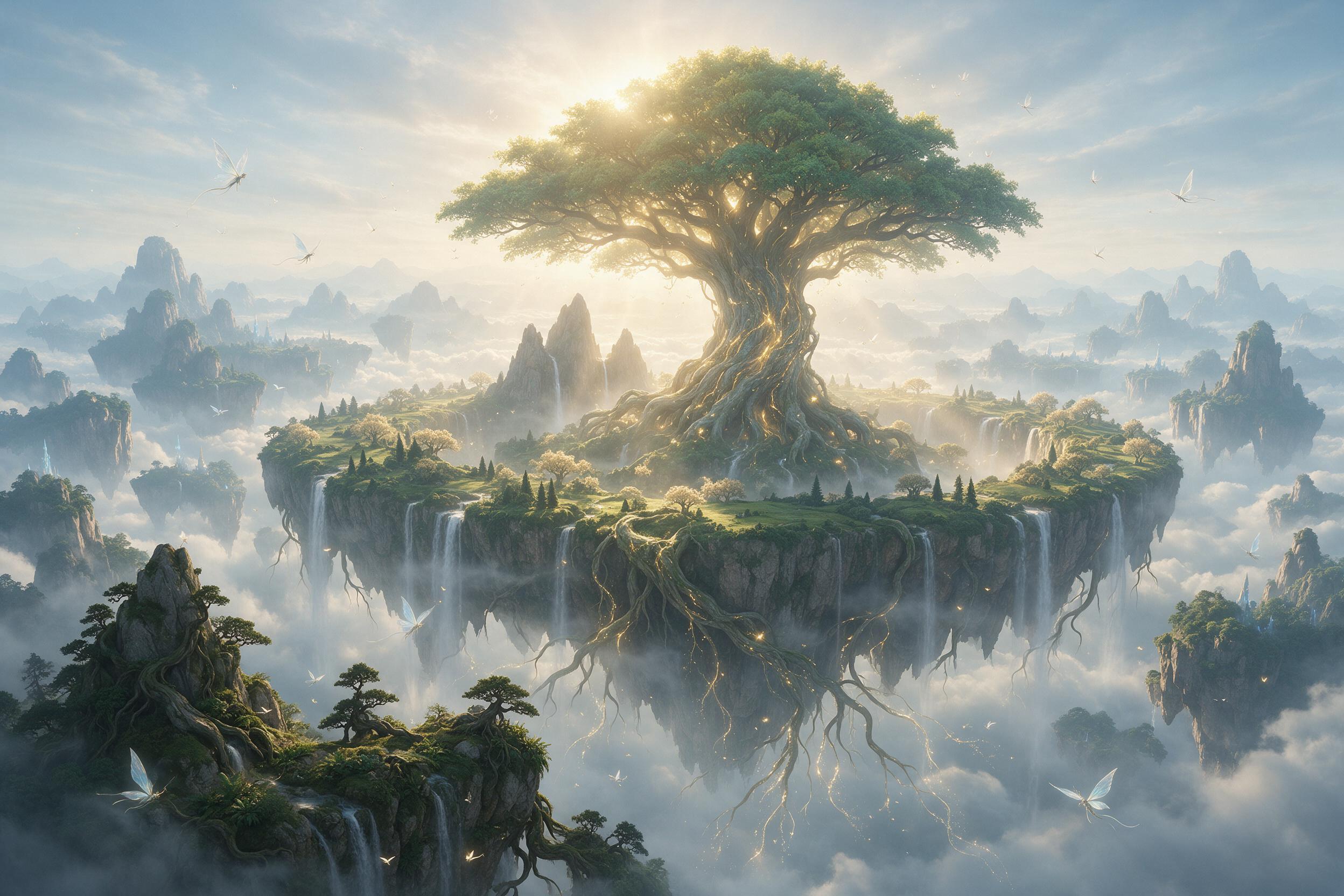 An ancient floating island veiled in silver mist, a colossal glowing tree at its heart, roots trailing into the clouds below. Sunlight breaks through, casting golden beams across the emerald canopy, small winged creatures flitting among the branches. Composition with layered depth, soft atmospheric 