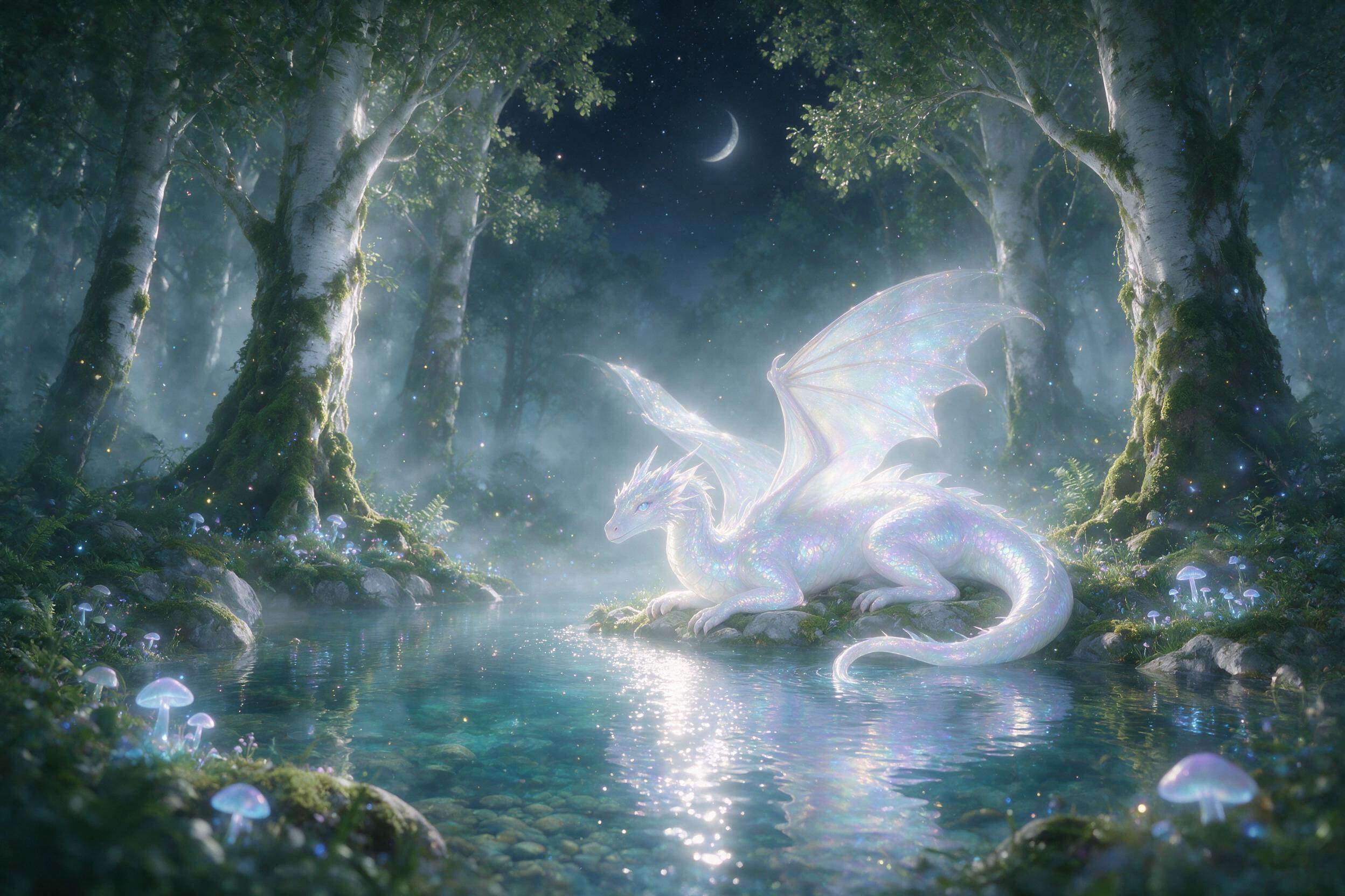 A glowing, iridescent dragon curled around a crystal-clear lake in a misty forest, bioluminescent mushrooms at the shore, soft moonlight filtering through the canopy, magical dust floating in the air, ethereal atmosphere, soft focus, shallow depth of field