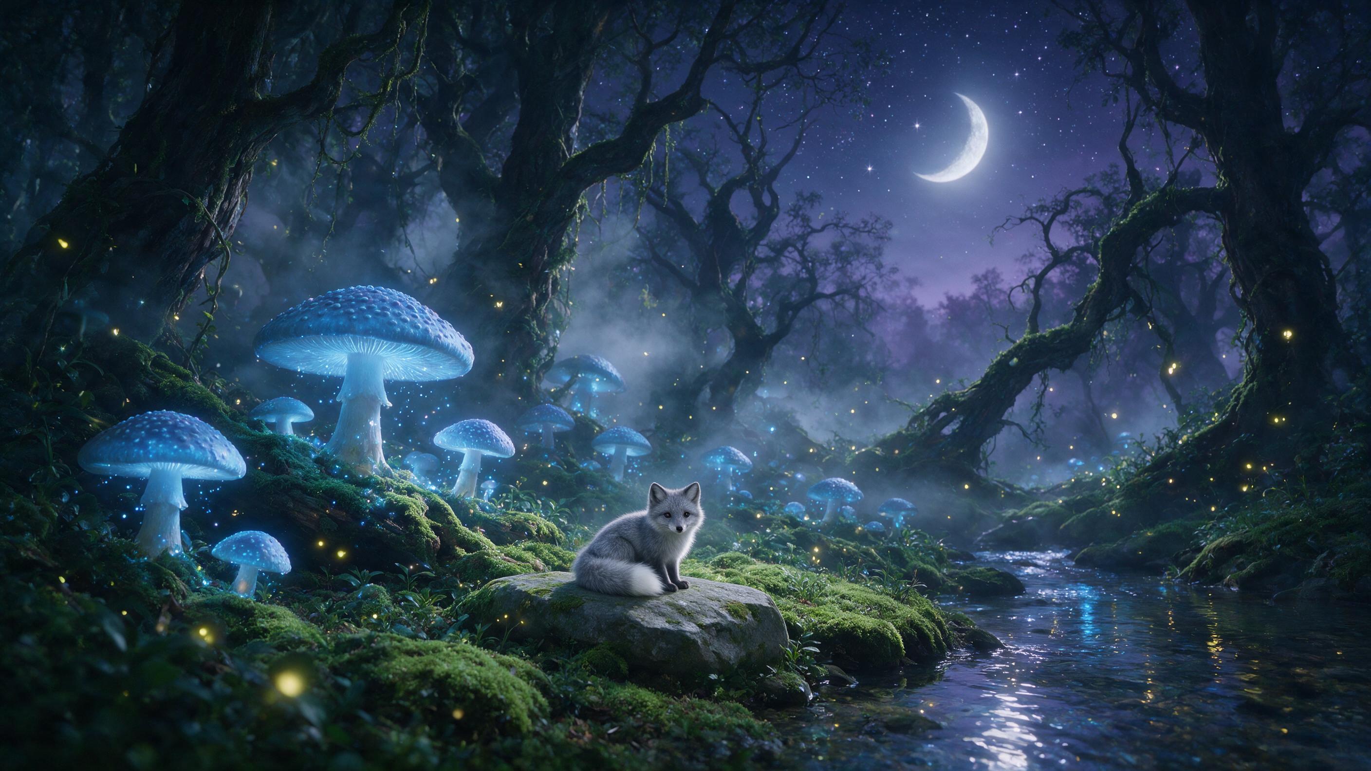 A moonlit enchanted forest glade, giant glowing mushrooms with soft blue bioluminescence, a small silver fox sitting on a mossy stone, mist curling between ancient twisted trees, fireflies drifting in warm golden light, deep violet night sky with a crescent moon, gentle water reflections in a nearby
