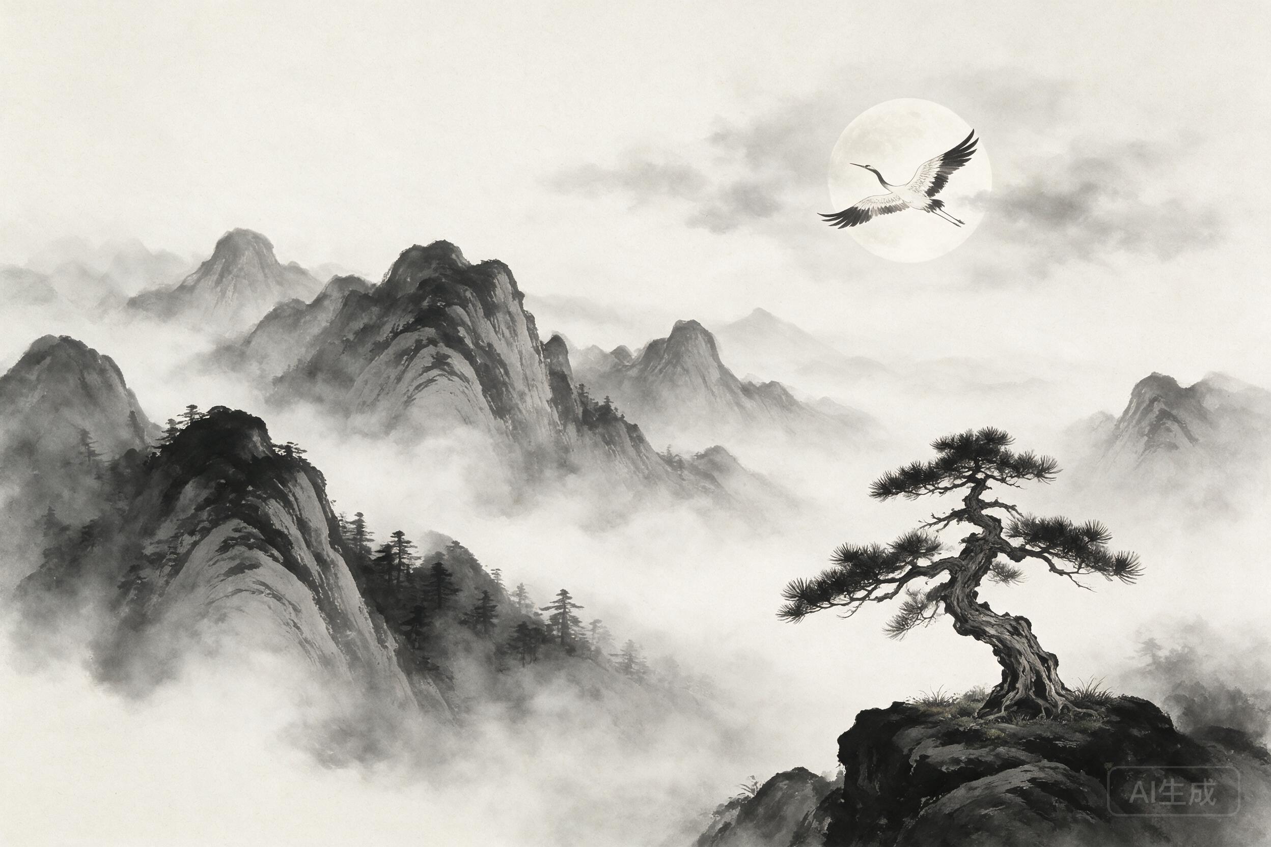 Traditional ink wash painting style, misty mountains with solitary pine, crane flying across the moon, monochrome